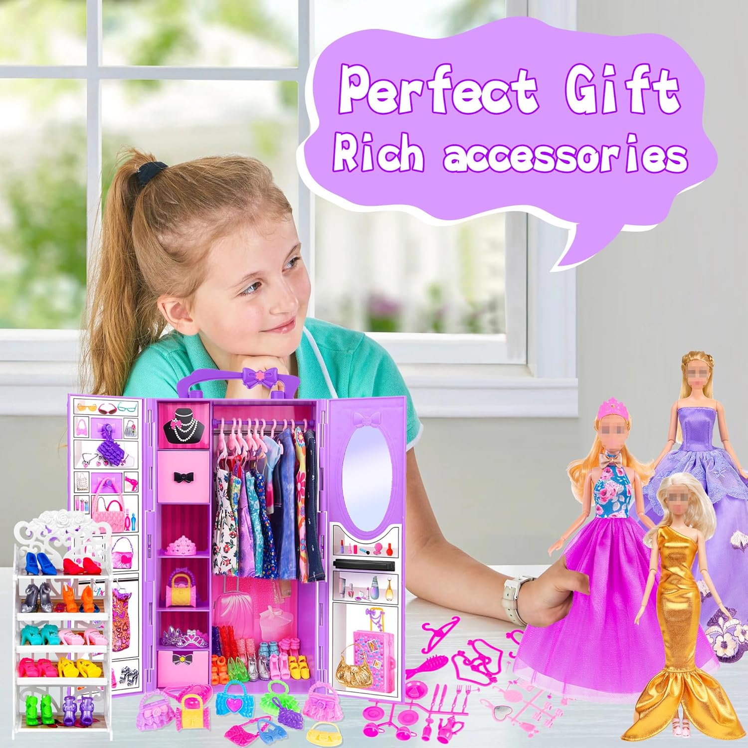 11.5 inch Doll and Doll Accessories - 101 Pcs Doll Closet Playest Including Shoes Rack,Dress,Shoes Hangers Accessories