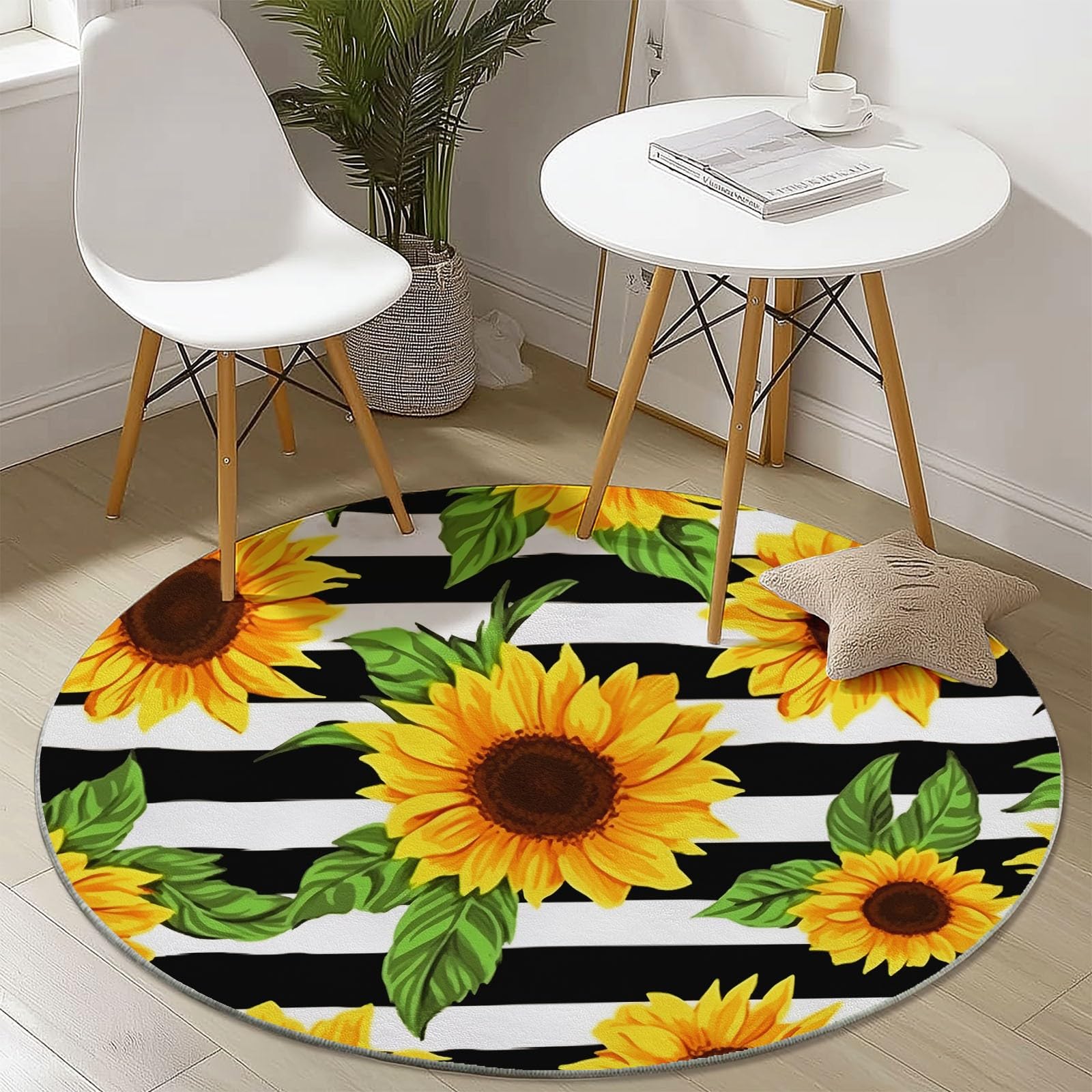 Tappeti Rotondi per Soggiorno, 120 cm, con Girasoli a Righe, Lavabili, per Camera da Letto, Tappeto a Pelo Corto Sottile Antiscivolo per Sala da Pranzo, corridoio, Colore Giallo.