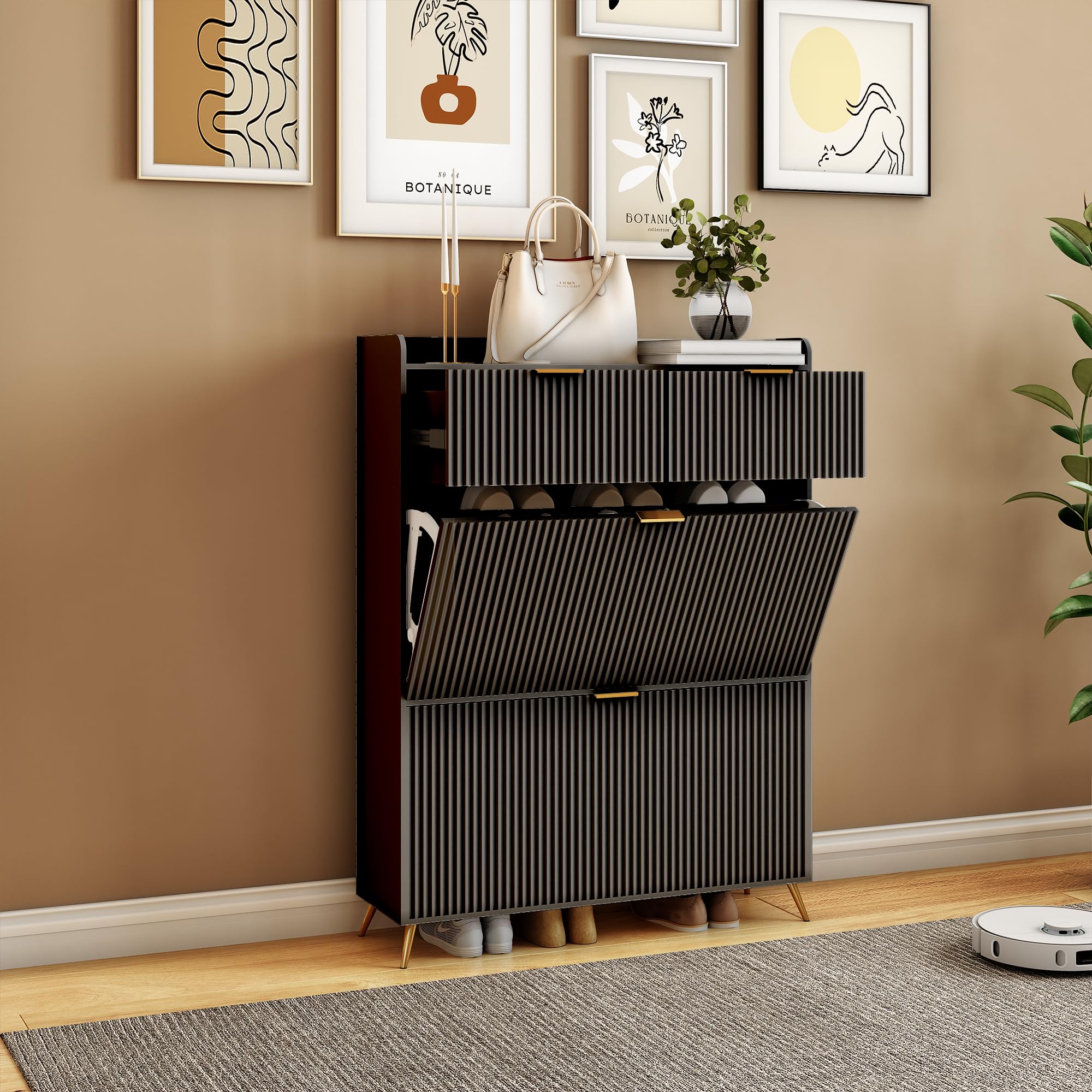 GDMDPTE Elegant Black Shoe Cabinet for Entryway - Wooden Shoe Storage with Shelves & Doors Freestanding 110x24x80 cm Perfect for nizing Shoes in Hallway - ENTRADE