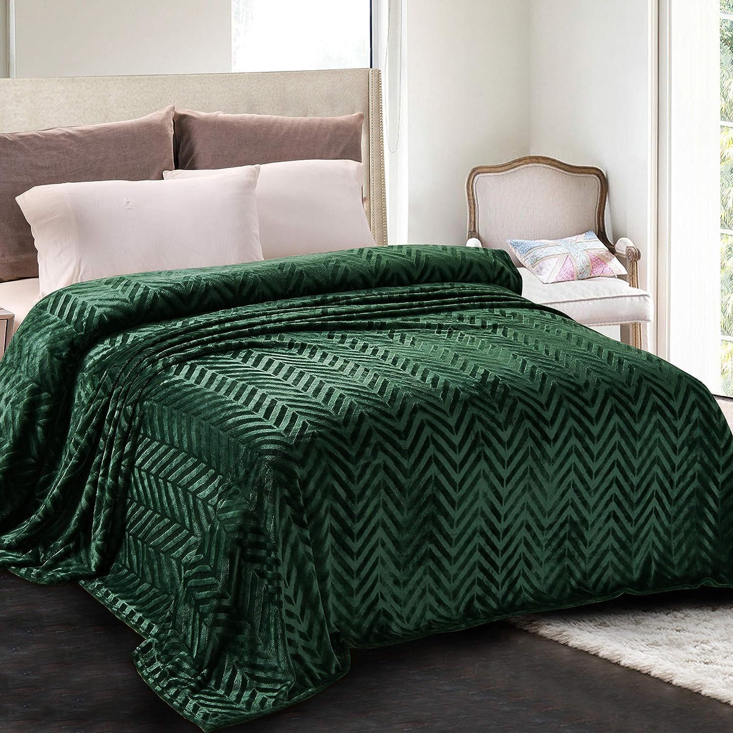 Whale Flotilla Manta de Franela con Rayas, 230 x 270 cm, Plaid de Sofá, Manta de Lana Cálida y Suave para Cama, Verde Oscuro