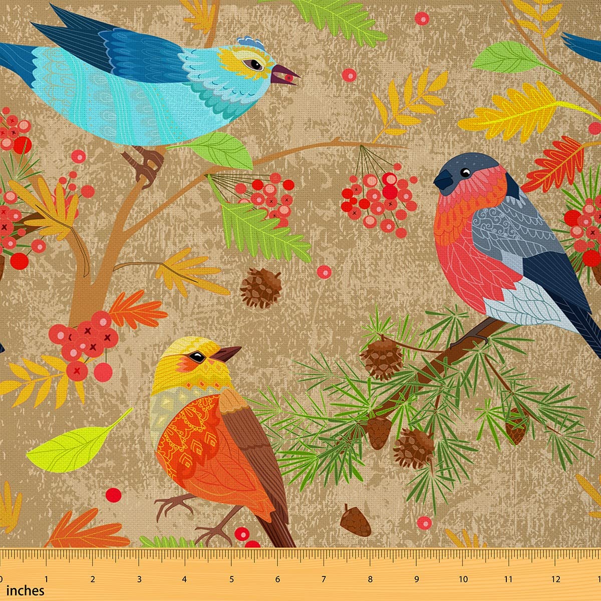 Colorful Birds Fabric by The Yard Red Fruits Pine Cone Farmhouse Style Fabric for Upholstery and Home DIY Projects Watercolor Animal Rustic Plants Fabric for Chairs Curtains Lamp Shade,2 Yards