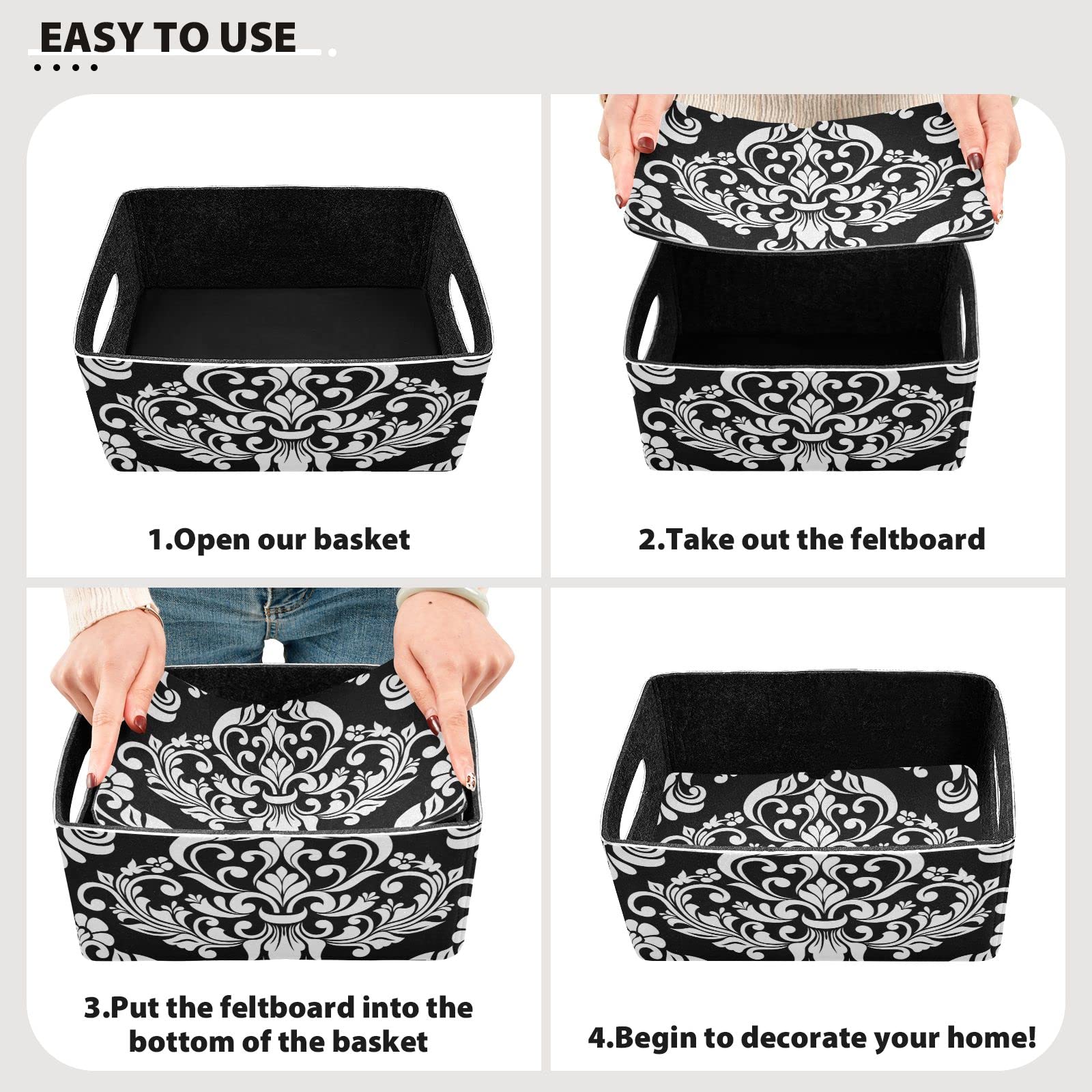 Kcldeci Baroque Damask Foldable Storage Bin Basket Set [2-Pack] Black White Floral Elegance Flowers Fabric Collapsible Organizer Storage Cube Box For Home Office Closet