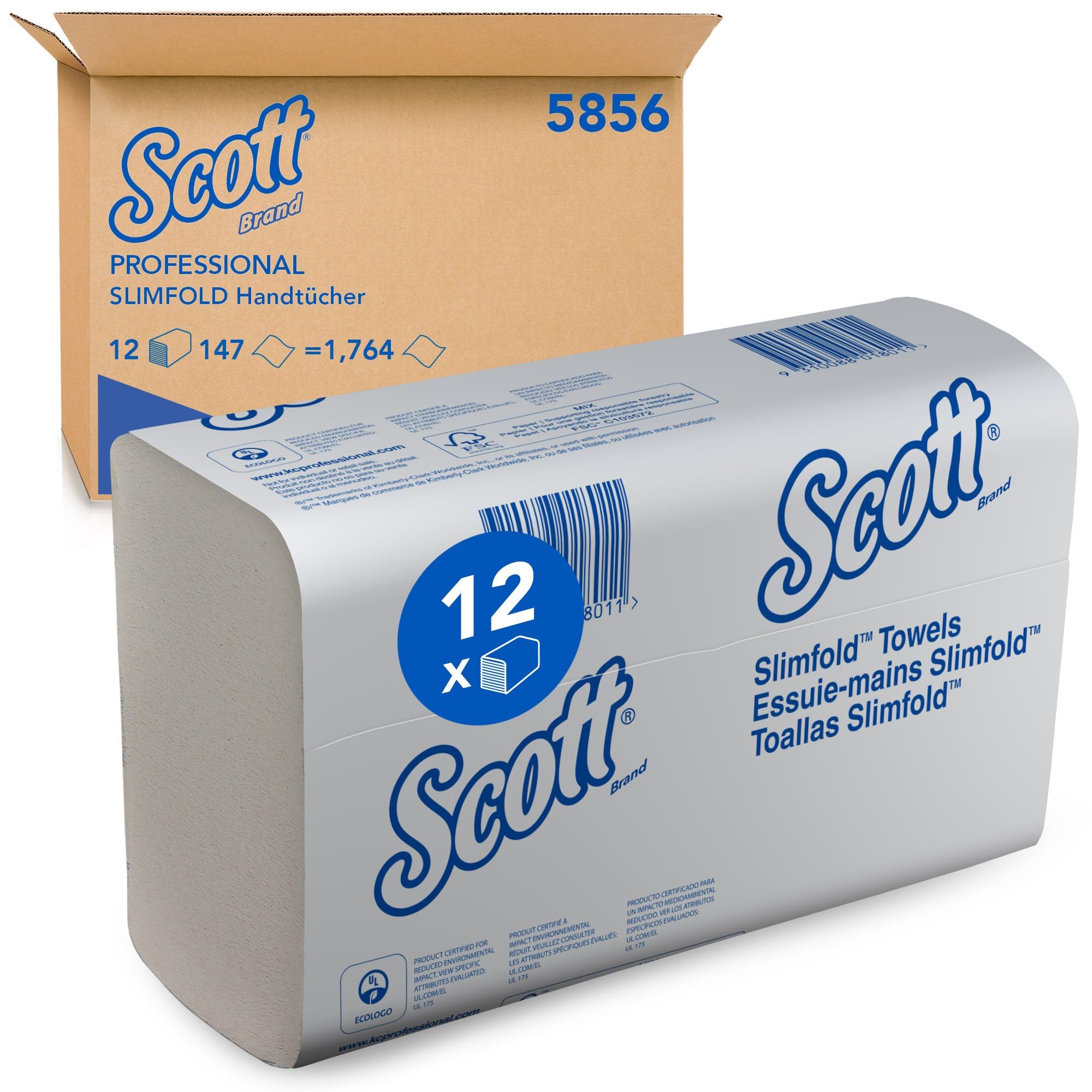 Scott Papierhandtücher Slimfold, 1-lagige weiße Papiertücher für Spender, Mit Airflex-Technologie und Einzelblattentnahme, 12 Packungen x 147 Falthandtücher (1.764 Tücher), Artikel-Nr. 5856