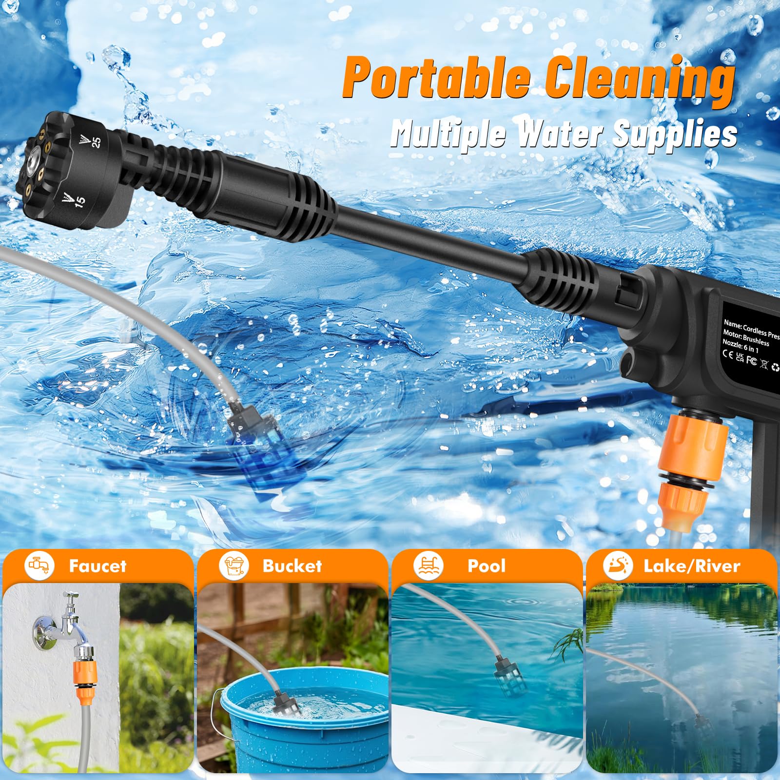 Pistola de Agua a presión, hidrolimpiadora bateria de 21V 120Bar, hidrolimpiadora con 2 baterías, Boquilla multifunción 6 en 1, Manguera de 5 m, depósito con Filtro, para Coche y Patio