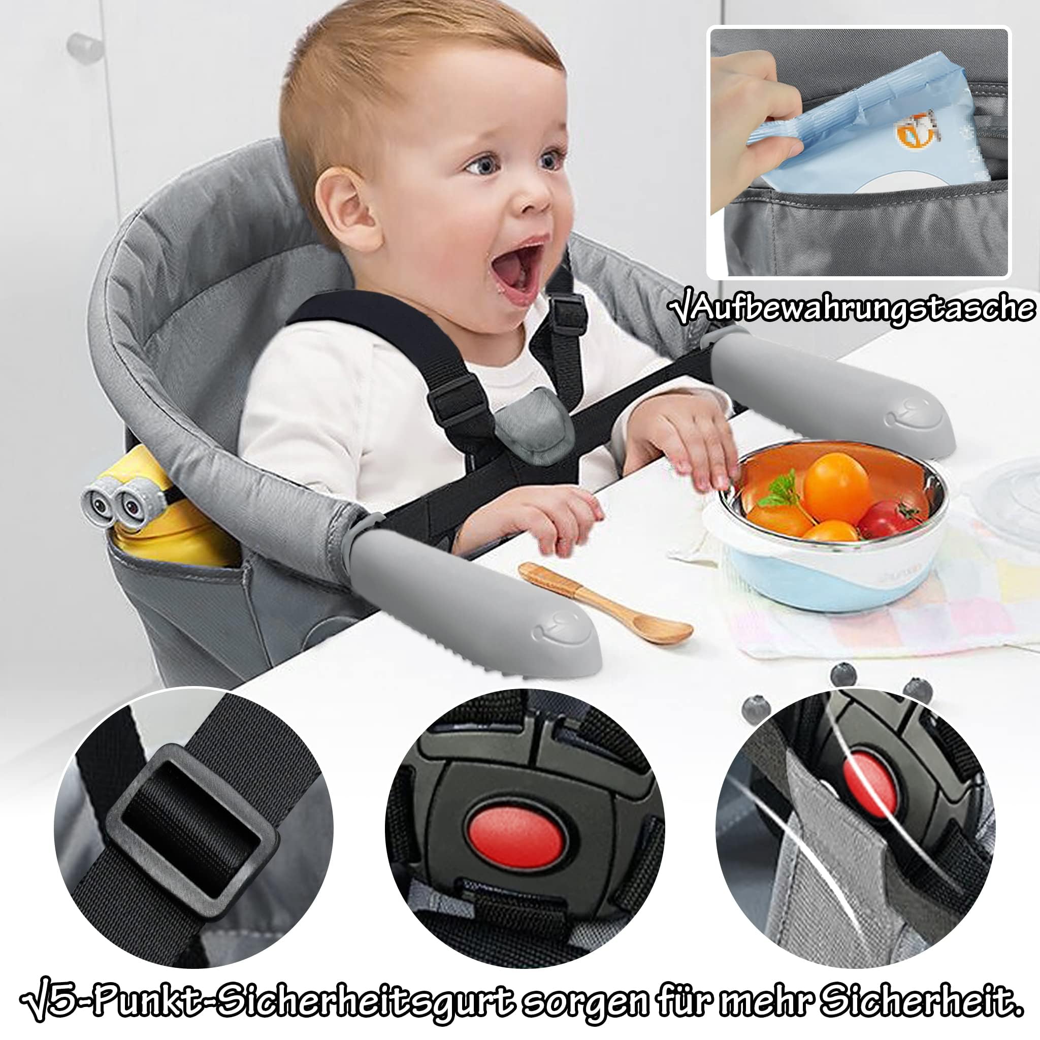 Siège de table pour bébé - Assistance pour enfants - Chaise haute portable pour enfants - Pour la maison et les déplacements - Siège booster avec pinces antidérapantes et sac de siège - Gris