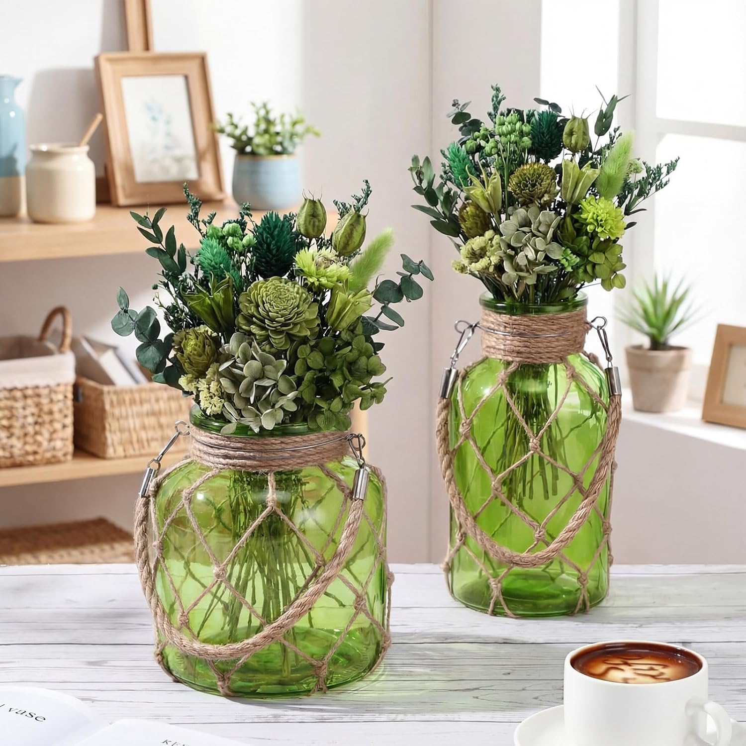 Set of 2 Olive Green Glass Vase Rope Net Dry Flower Glass Vase Rattan Hanging Mason Jar Wicker Boho Farmhouse Coastal Decor for Arrangement Wedding Party Table Decorations
