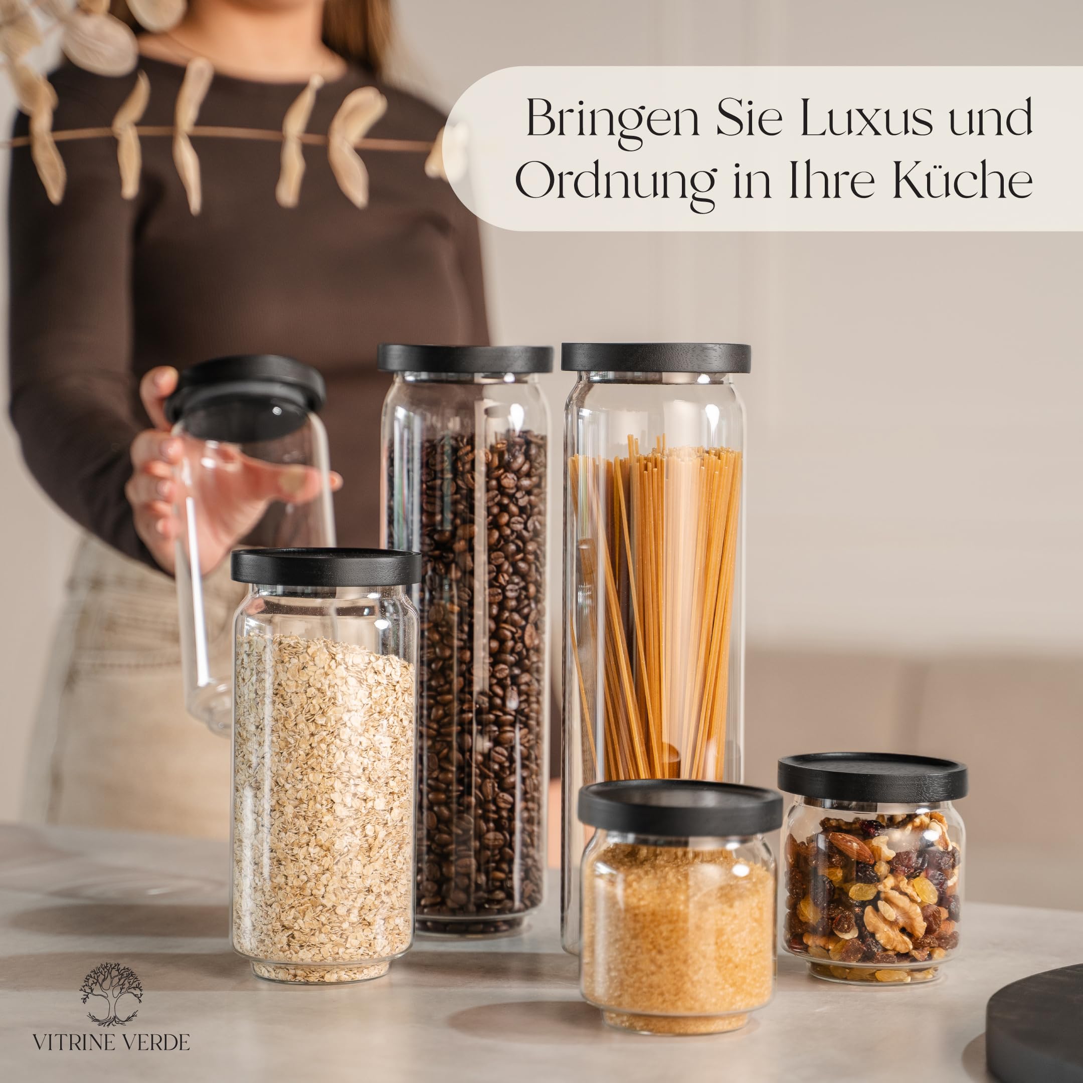Vorratsgläser 6er Set mit Schwarzem Holzdeckel – Vorratsdosen Glas Luftdicht mit Deckel Stapelbar – inkl. 46 Etiketten & Marker – Borosilikatglas LFGB geprüft