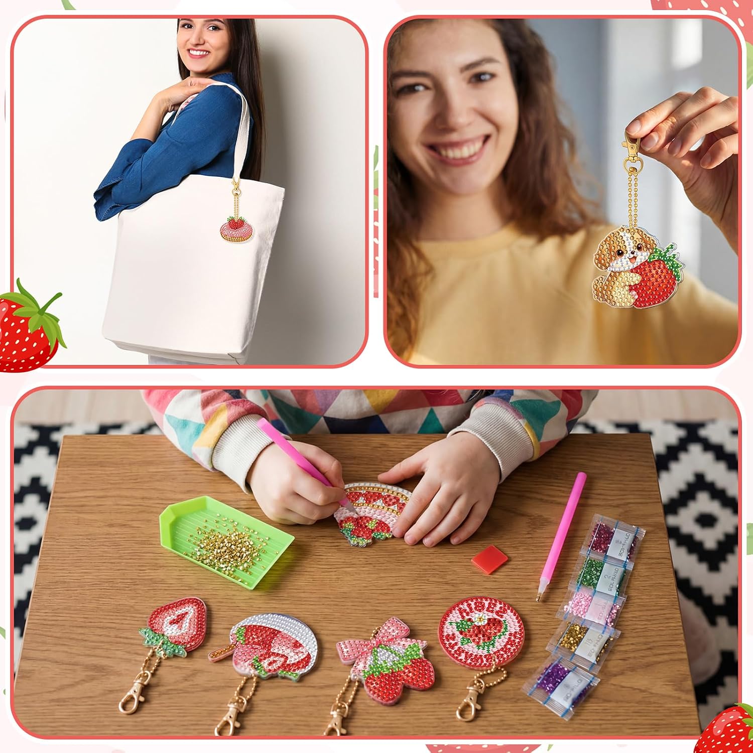 Huquary 30 Pcs Diamond Painting Keychains Strawberry Diamond Art Berry Party Crafts Favor 5d Double Sided Keychains for Adult Beginner DIY Crafts Party Gift