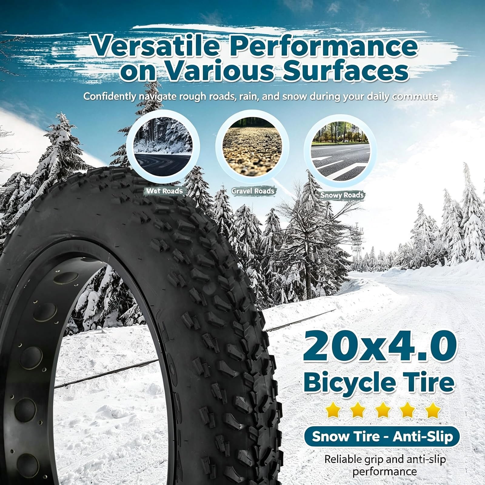 20x4.0 Fatbike Reifen für Schnee| 35 PSI Elektroschlitten & MTB Fahrrad Rad