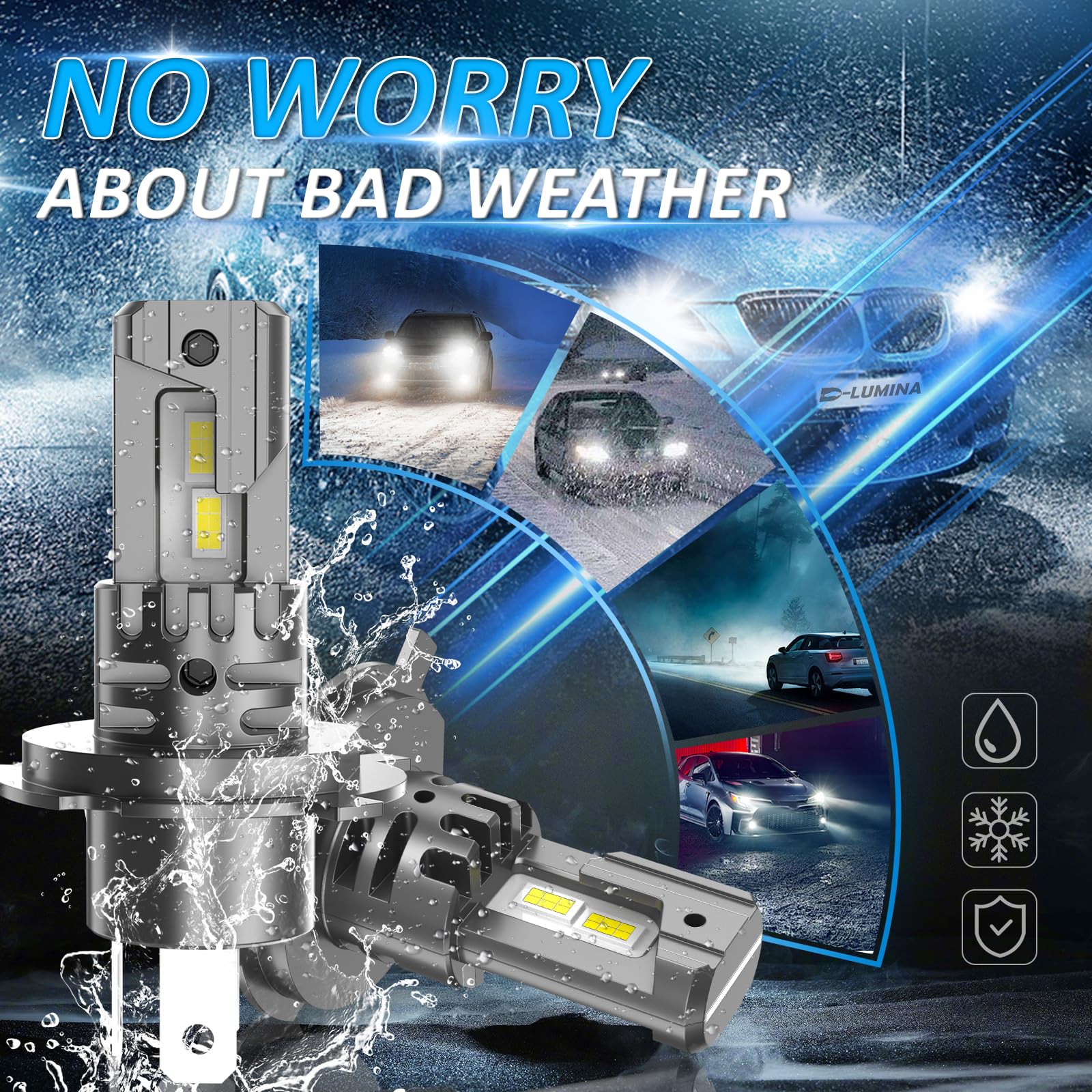 D-Lumina Żarówka H4 LED Canbus 100W 16000LM, 6500K 400% jasna, 1:1 Konstrukcja Zamienna Lampa halogenowa, Plug and Play, Wodoodporna IP68, 2 sztuki