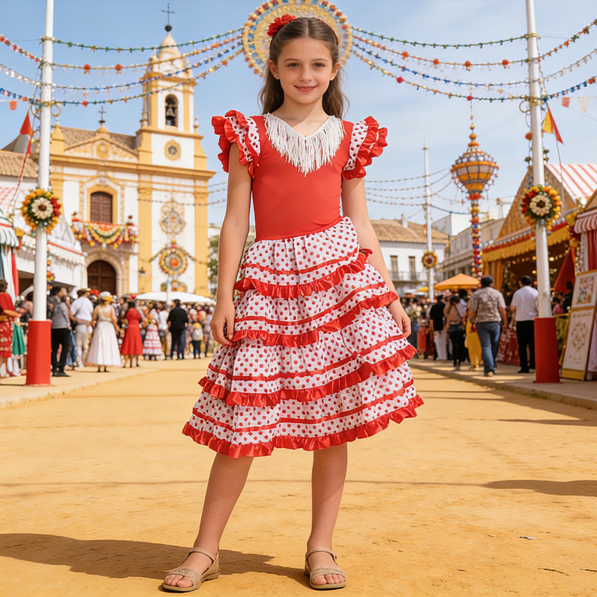 Wildarms Disfraz de Sevillana Niña - Vestido Flamenca Infantil con Volantes y Lunares - Traje Tradicional Andaluz para Feria, Carnaval y Baile — view 7