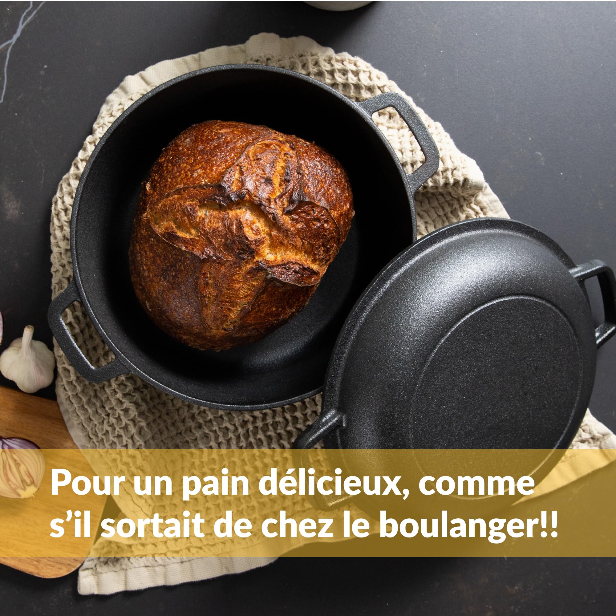 Chefarone Cocotte 2 en 1 avec un panier de fermentation - Marmite en fonte de 26 cm avec couvercle de 4,6 l compatible induction - Marmite en fonte avec double fonction pratique