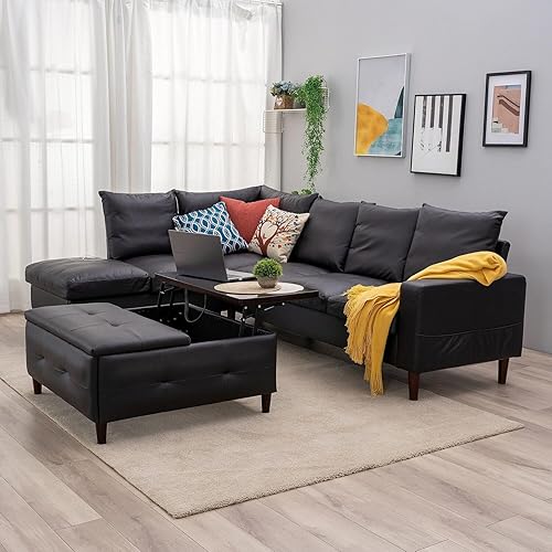 Miniatura 6 de Panana Sofá seccional moderno de piel sintética de 6 plazas en forma de L, sofá esquinero para apartamento, juego seccional con diván de puerto USB