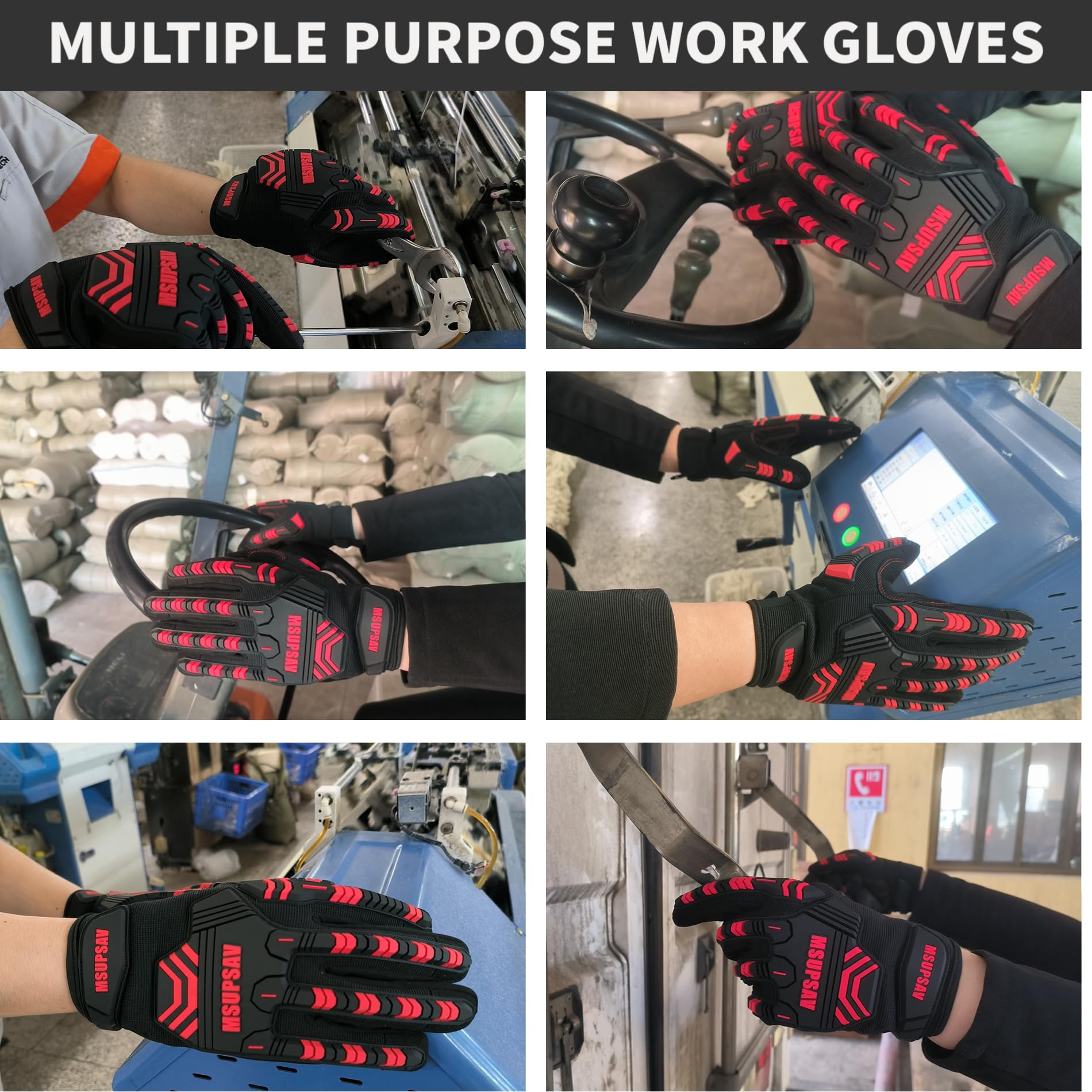 Arbeitshandschuhe mit sicherem Sitz, Arbeitshandschuhe mit Aufprallschutz und Vibrationsabsorption, Sicherheit für Männer, X-Large, Rot und Schwarz