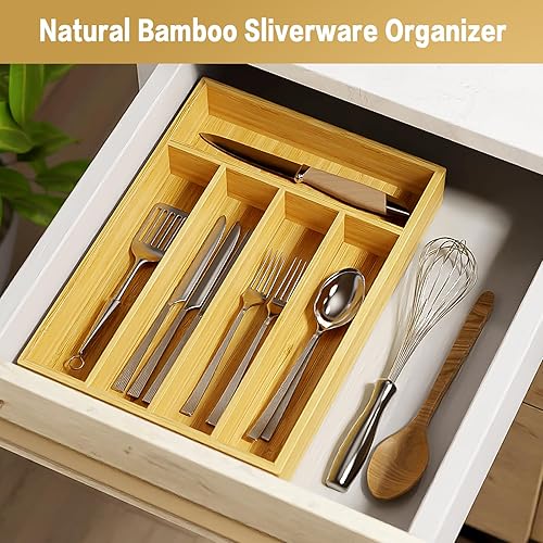Miniatura 3 de Organizador de cajones de cocina de bambú, organizador de cubiertos para cajones de cocina, bandeja de utensilios y almacenamiento de cubiertos para