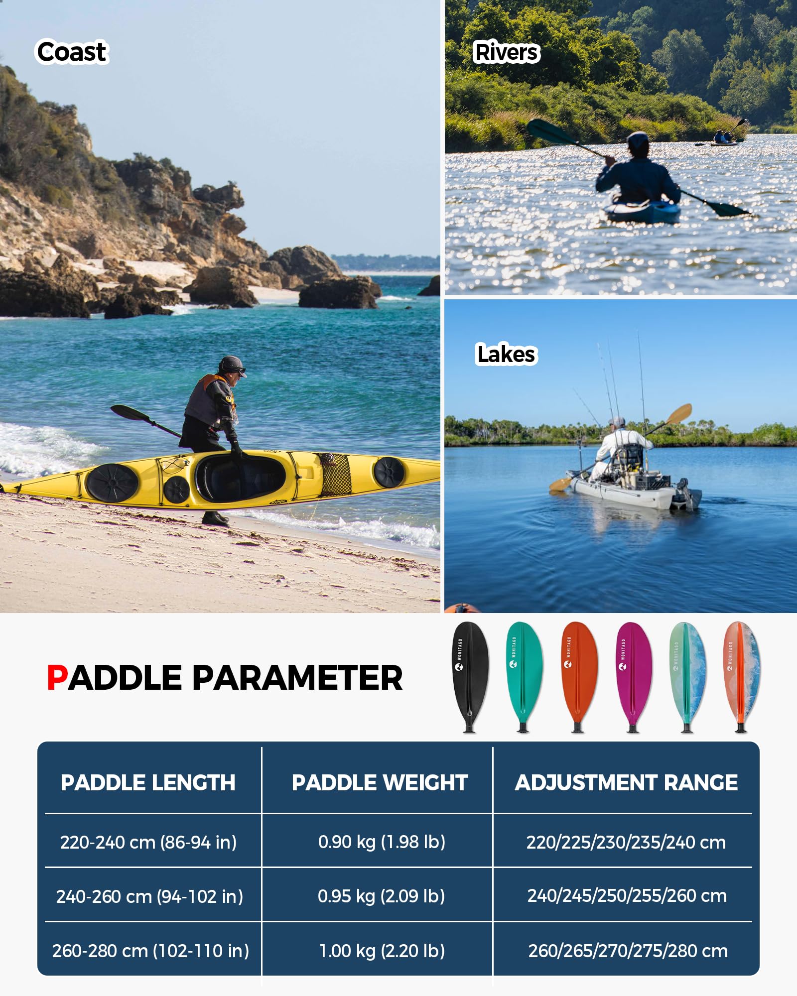 Kajak-Paddel mit Premium-Kohlefaser-Schaft und verbesserter PP-Klinge, verstellbares Kajak-Ruder, 220-240 cm, 240-260 cm