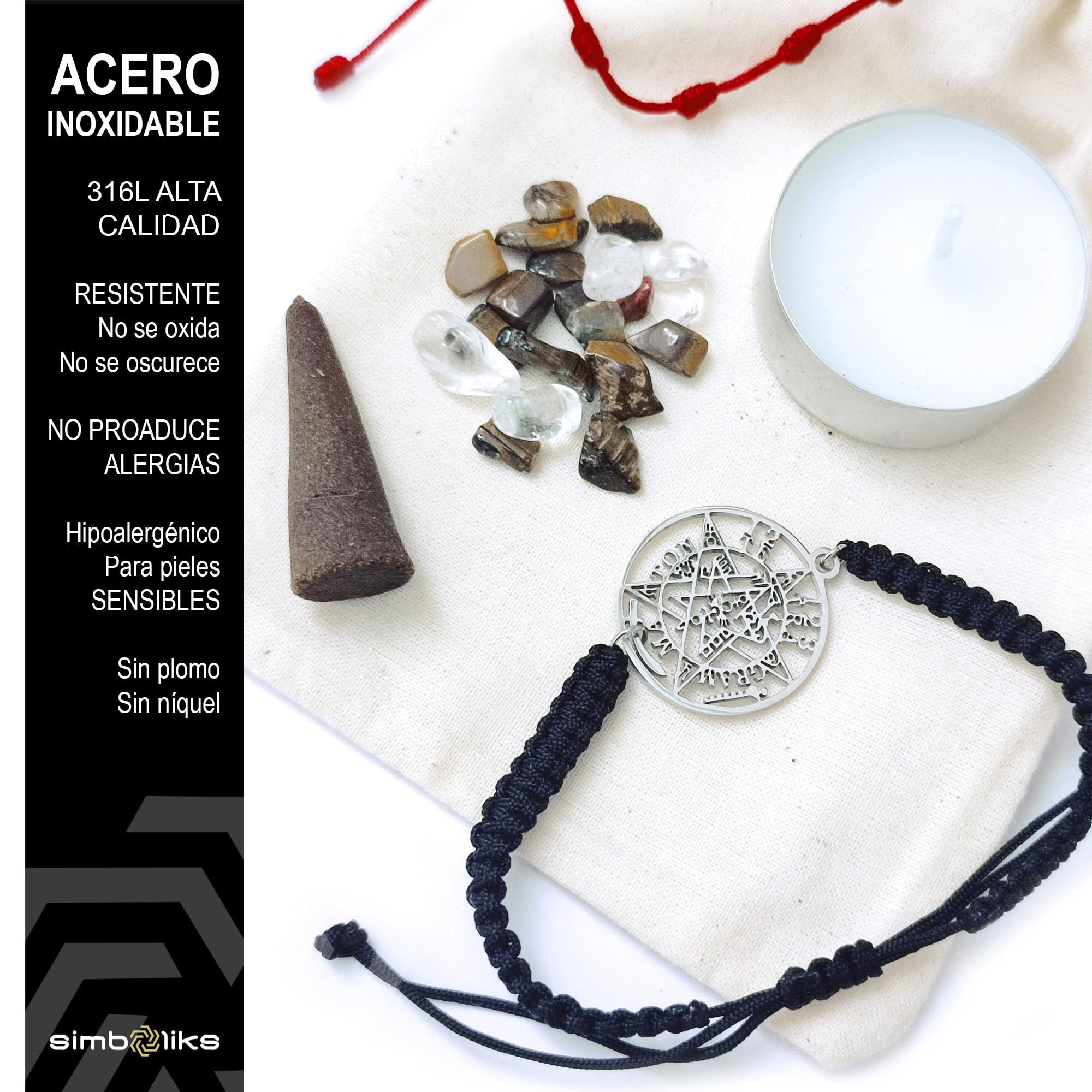 Simboliks Tetragrammaton pulsera acero inox. Ojo de tigre, Vela, Incienso, Amuleto de la Suerte Protección Pentagrama Tetragrammaton Talismán protección personal Pentáculo Regalo Hombre