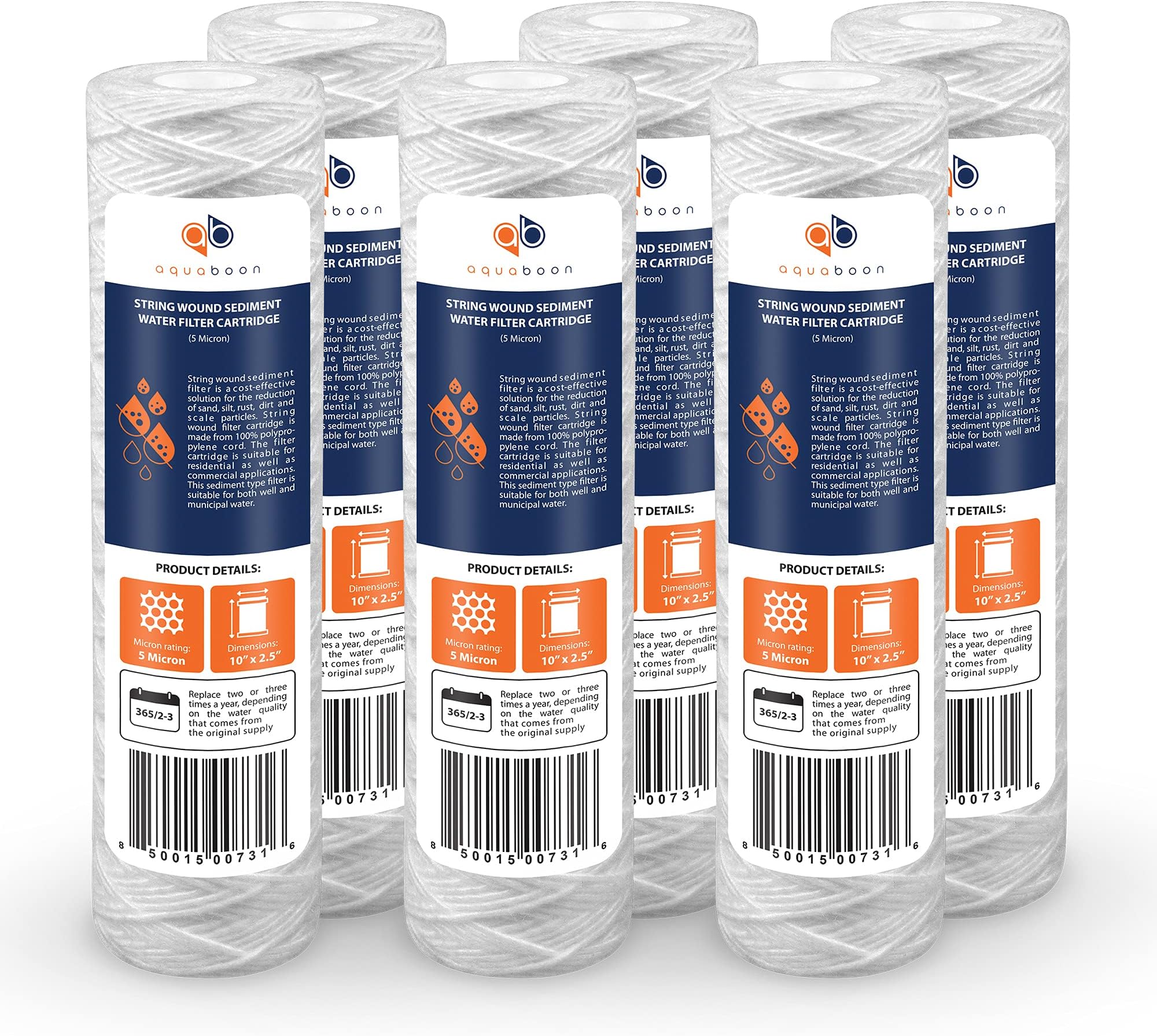 Whole House 5 Micron 10 x 2.5 String Wound Sediment Water Filter Cartridge Replacement Compatible with Well Water Filter WHKF-WHSW, 6-Pack