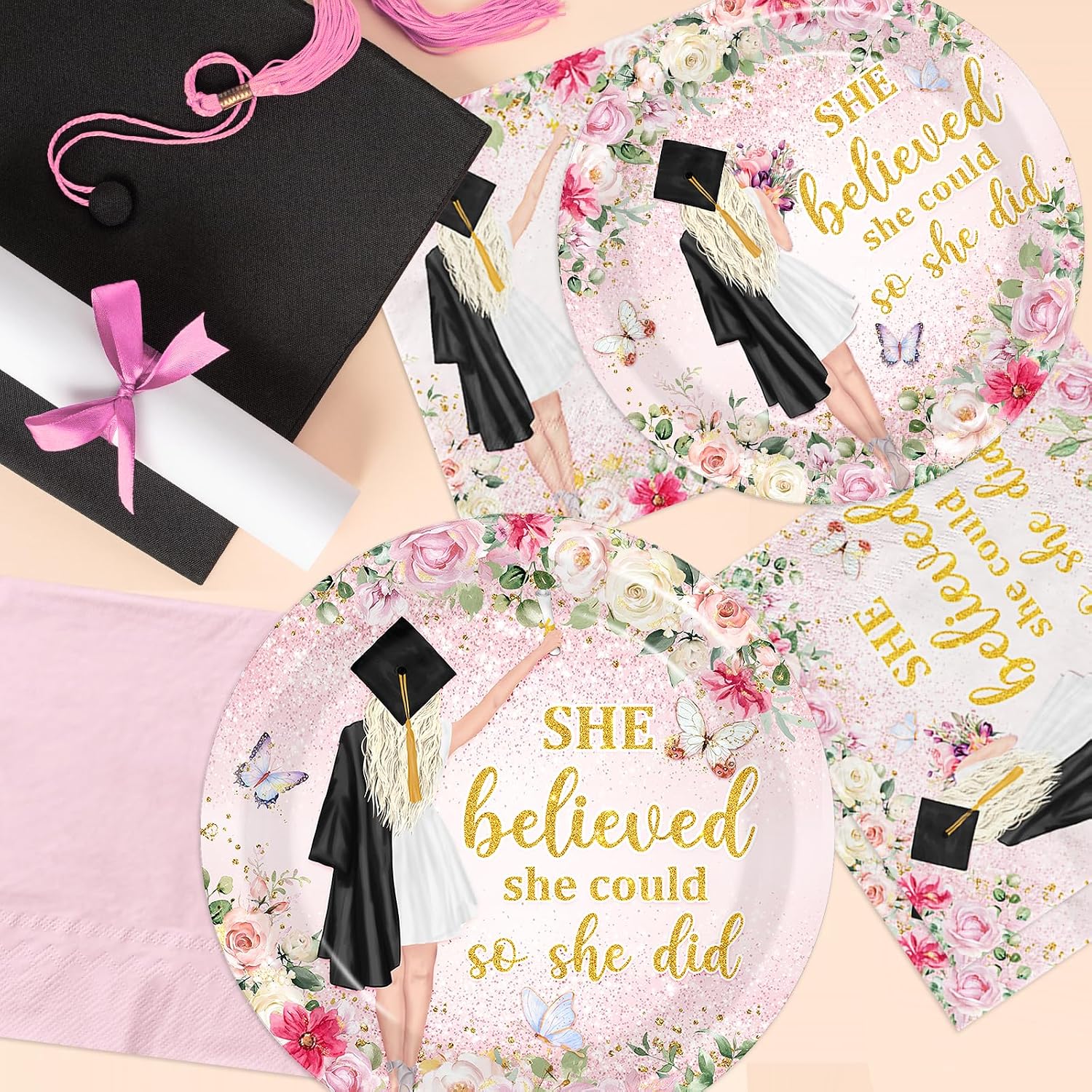 Juweked Pink Graduation Paper Plates and Napkins, She Believed She Could So She Did Graduation Decorations Serve 25, Floral Grad Decorations Class of 2026 for College High School