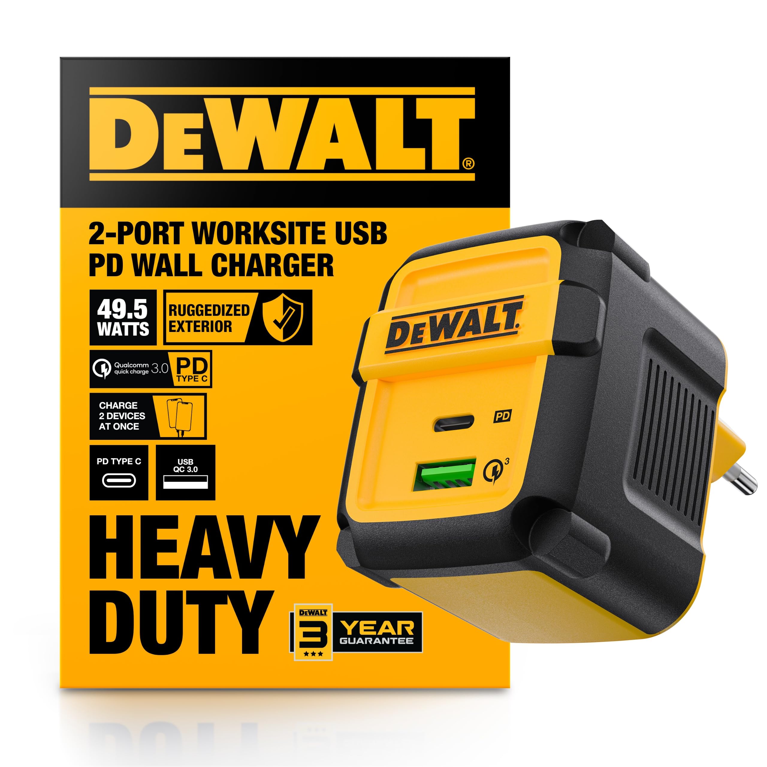 DEWALT Caricatore da Parete Heavy Duty 49,5W con Doppia Porta USB-A e USB-C (Cavo Non Incluso), Alimentatore Compatto Pieghevole a Ricarica Rapida per iPhone 17/16/15/14, Galaxy, Pixel, iPad