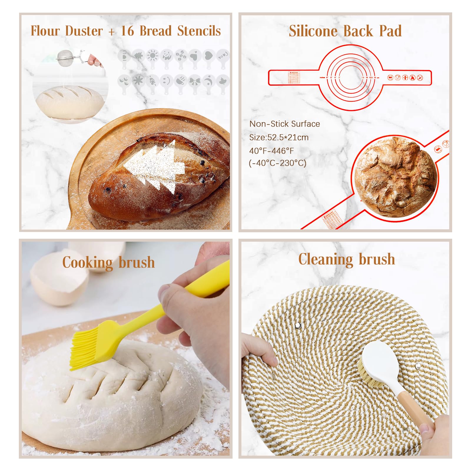 Banneton pour Pain 23cm, 27 Pièces Paniers à Pain Ronds Set avec Grattoir à Pâte, Mélangeur à Pâte, Brosse, Kit de Démarrage de Sourdough pour Débutants, Passionnés de Pâtisserie