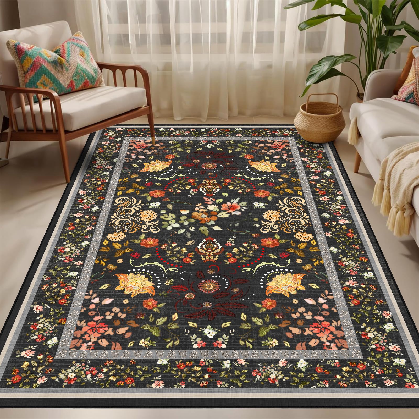 IWRJFQWR 5x7 Black Grey Floral Washable Rugs for Living Room - Vintage Floral Rug for Bedroom Kids Room, Large Vintage Boho Home Decor Non Slip Carpet