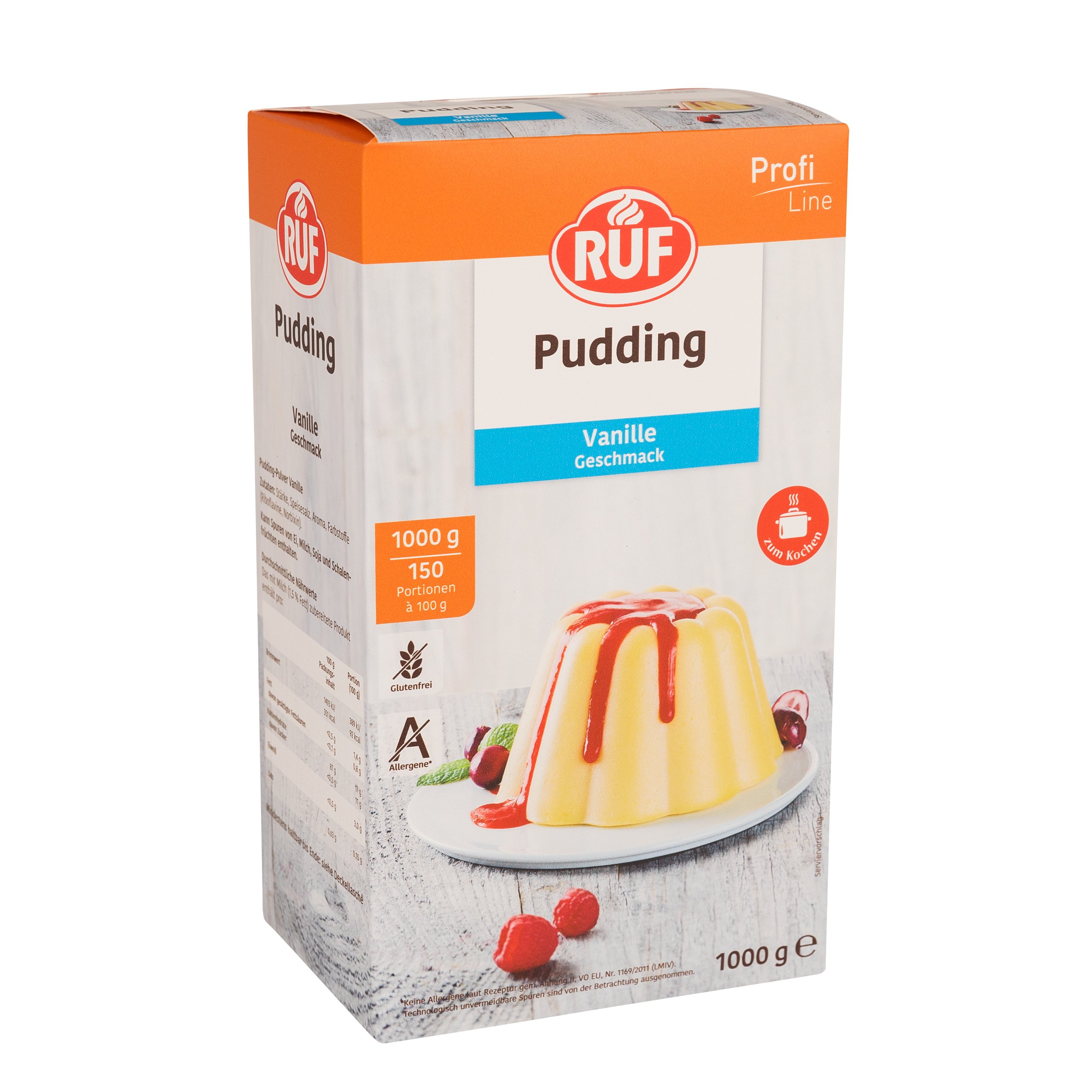 RUF Pudding Vanille, Puddingpulver mit Vanillegeschmack, nur mit Milch und Zucker aufkochen, Großgebinde, glutenfrei, ohne Allergene, 1x1000g