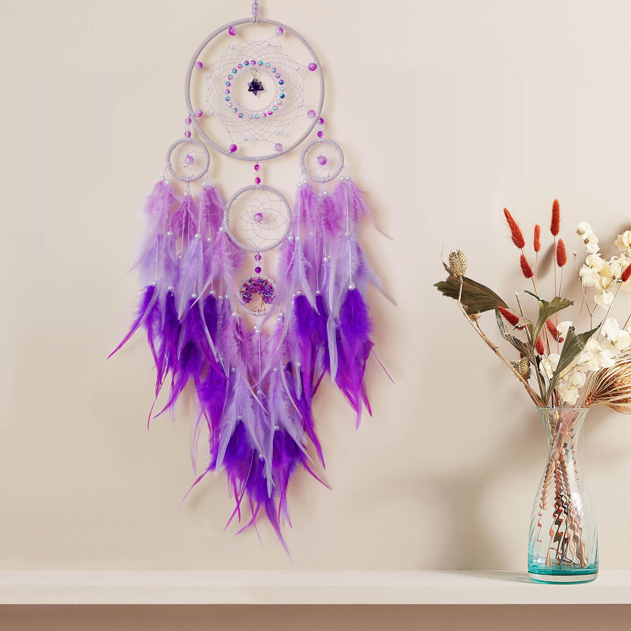 Traumfänger, großer Traumfänger, Baum des Lebens, Wanddekoration, für Erwachsene, lila, Boho-Traumfänger, Wanddekoration mit Edelstein, Hängeornament, Mädchen, Wohnheim, Raumdekoration