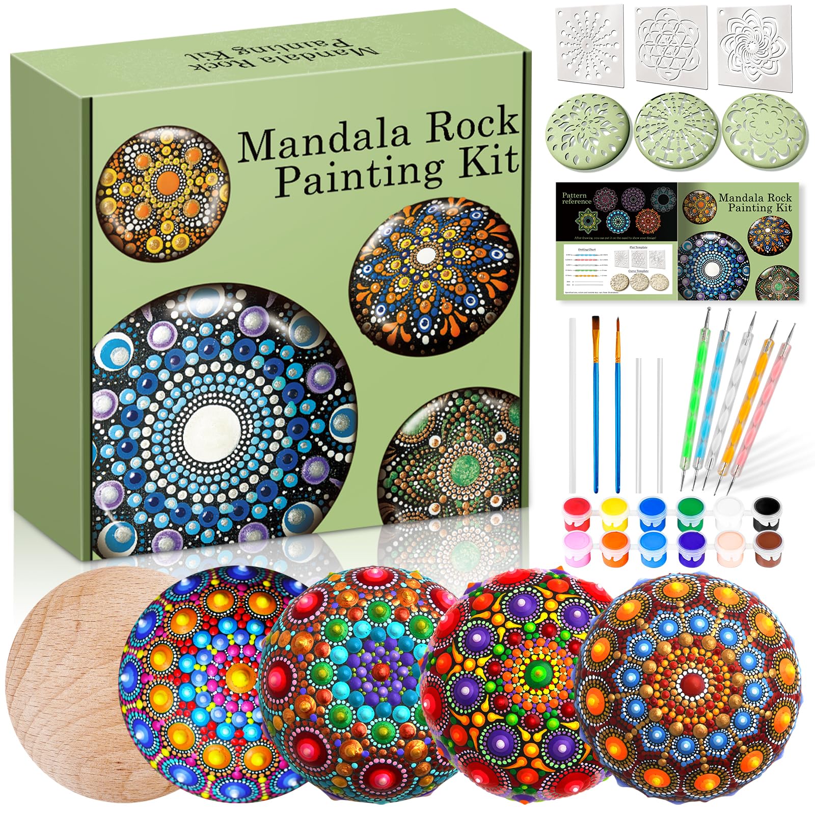 Mandala Rock Painting Kit - Mandala Dotting Tools Kit - 5 Large Wooden Rocks for Painting with Stencil Supplies, Dotting Tools for Paint Rocks - Dot Art and Crafts for Adults