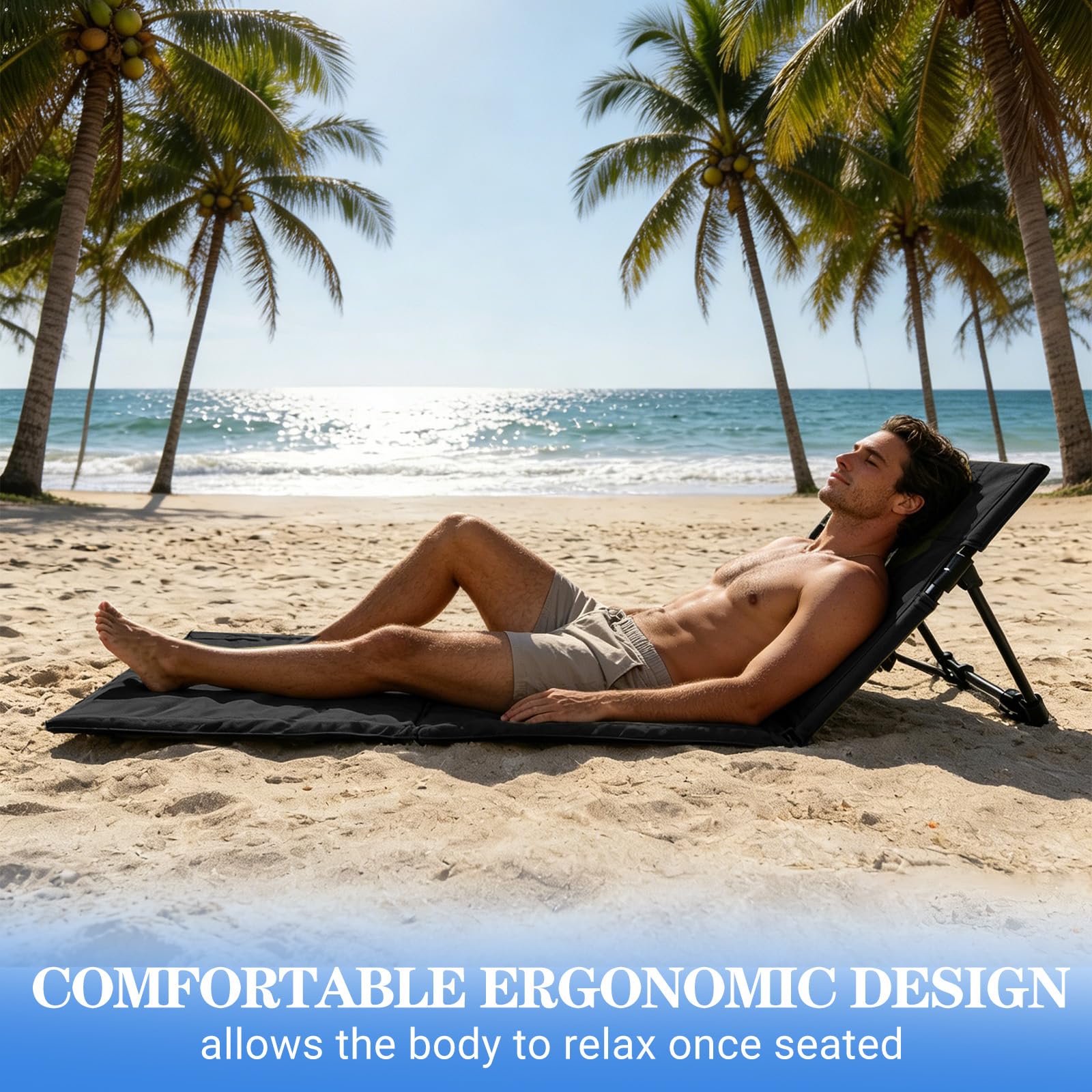 Strandmatte mit Rückenlehne, Klappbare Liegematte mit Rückenlehne, Strandliege Faltbar Leicht, Strandsitz mit Aufnahmebeutel, Bodenstuhl Outdoor für Camping, Strand, Reisen (Schwarz, Lange)