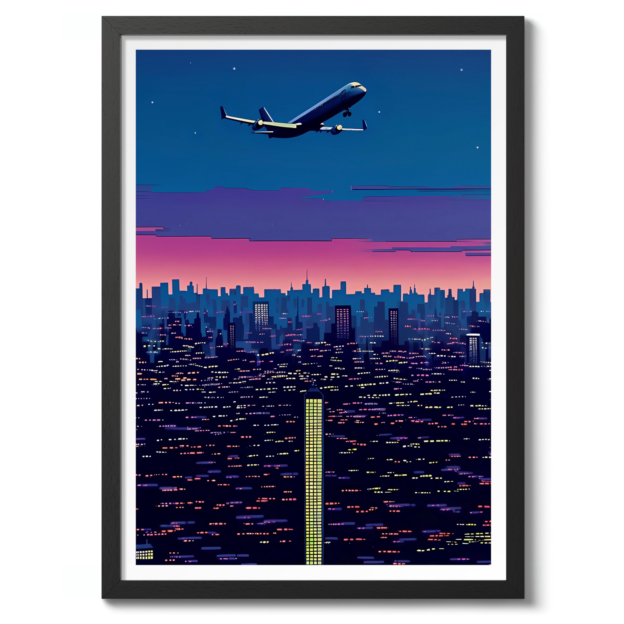 On The Flightpath Vintage Japanese Vaporwave Poster, Minimalist Retro 90s Colourful Wall Art Print, Modern Home Decor Bedroom Artwork, Archival Matte, A2 (Black Frame) - 59.4x42cm