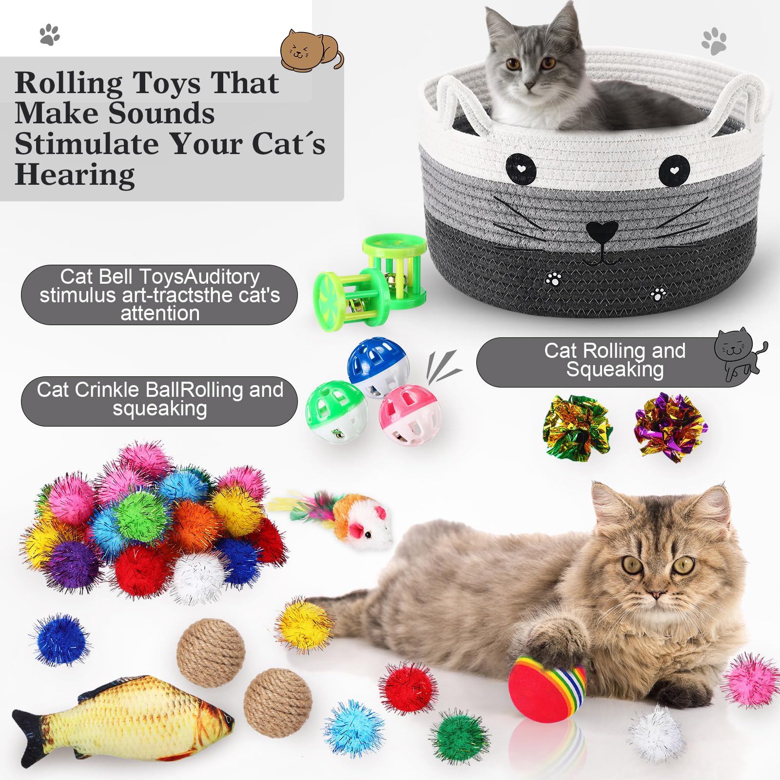 Zopeal Lot de 76 jouets interactifs pour chat, baguette pour chaton, balles clignotantes colorées, clochette pour animal domestique, balles froissées pour attirer le chaton à taper, mordre, chasser