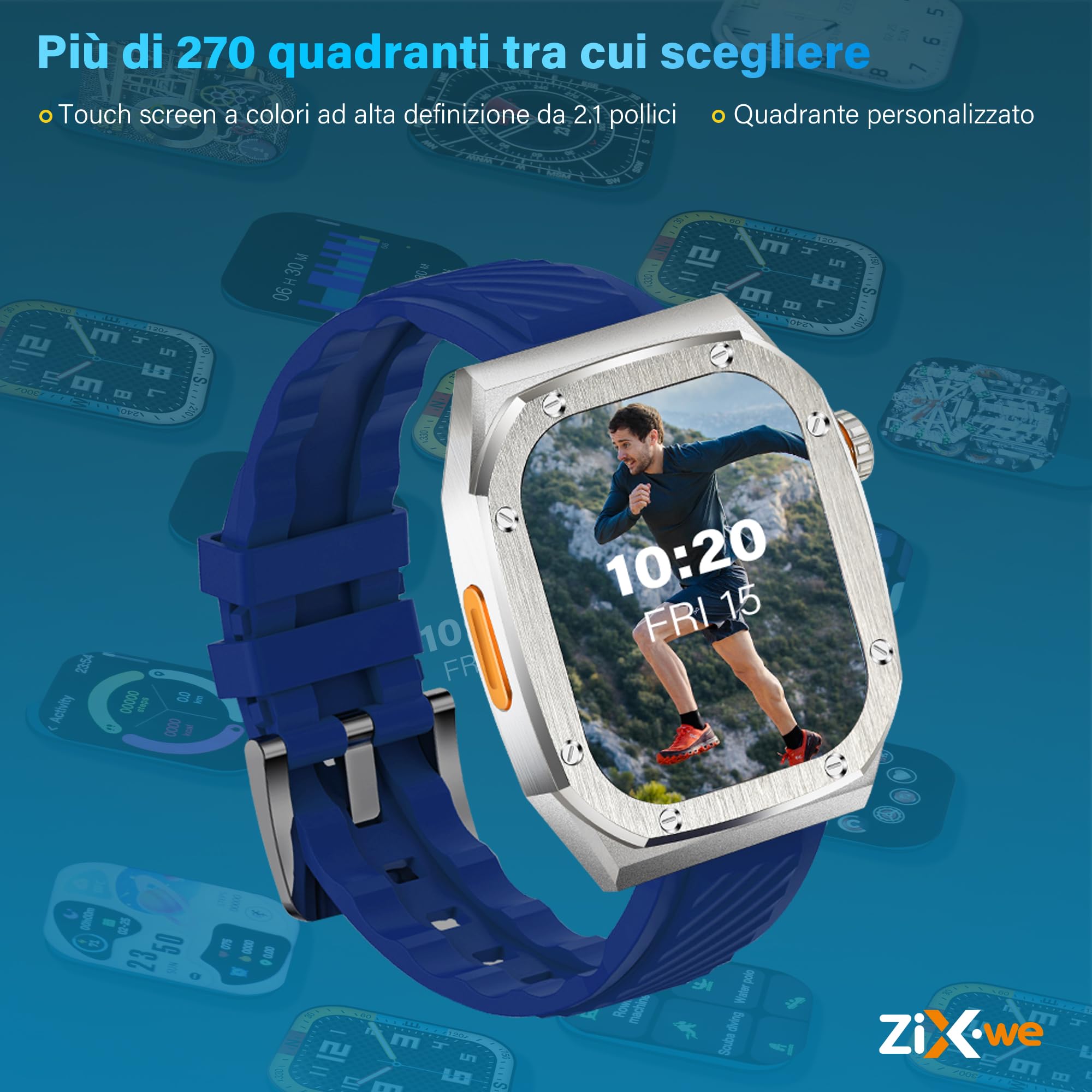 Smartwatch Uomo Donna con Display Amoled 2.1’’ Sempre Acceso, 460 mah Batteria a Basso Consumo, Impermeabile IP68, Telefonate Bluetooth, Sonno Cardiofrequenzimetro, +120 Modalità Sportive (Blu)