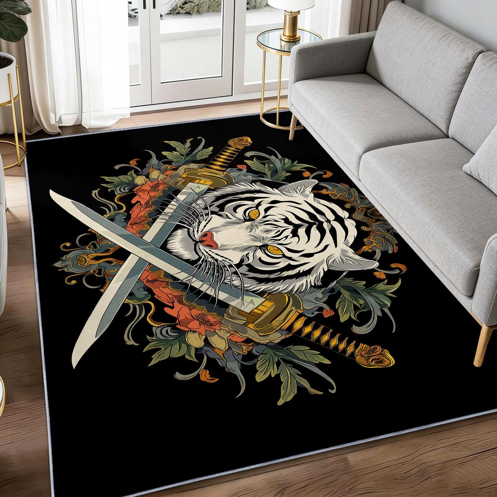 Tapis de salon lavable noir idéal pour couloir et bureau style vintage