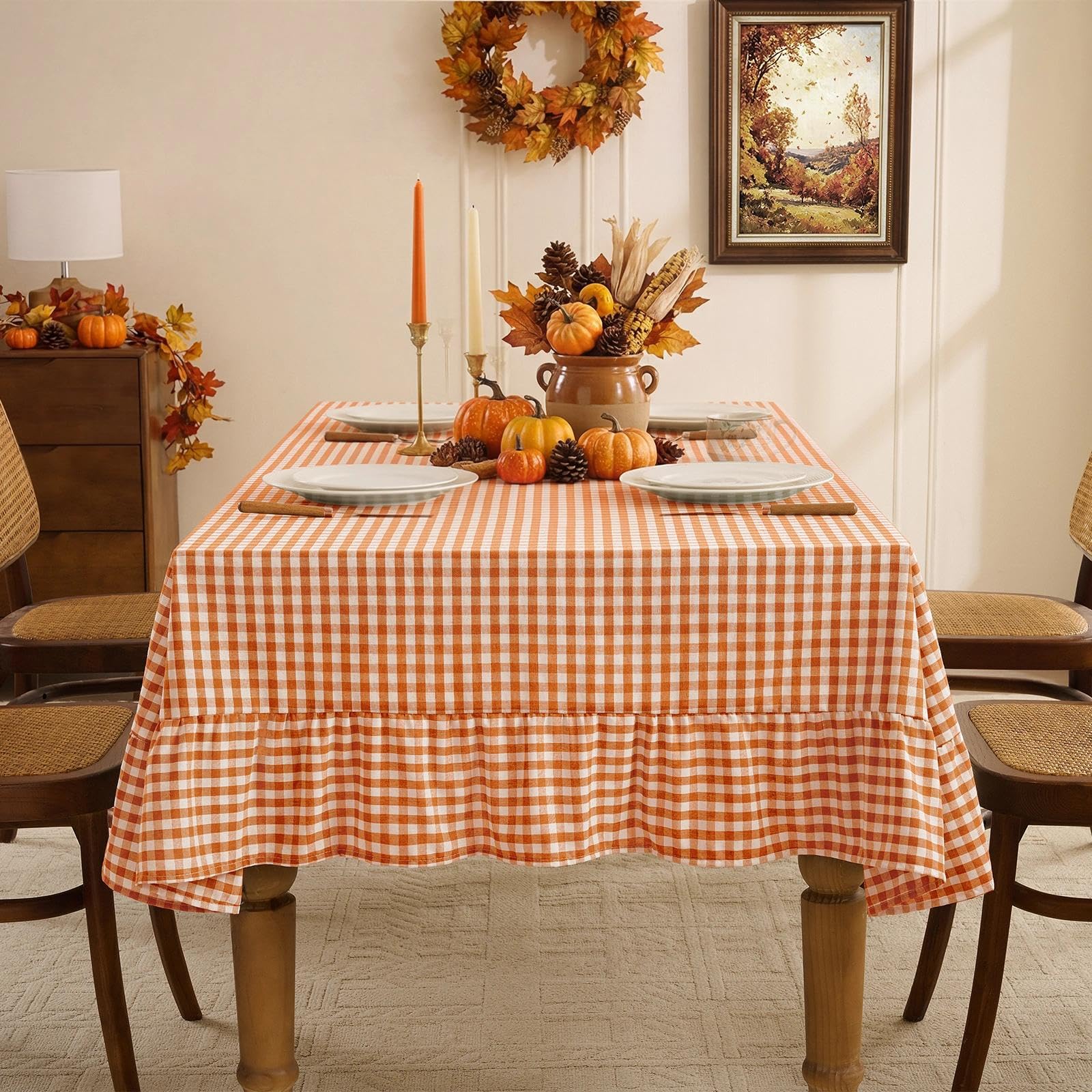 Orange Gingham Tablecloth - Ruffled Rectangle -4