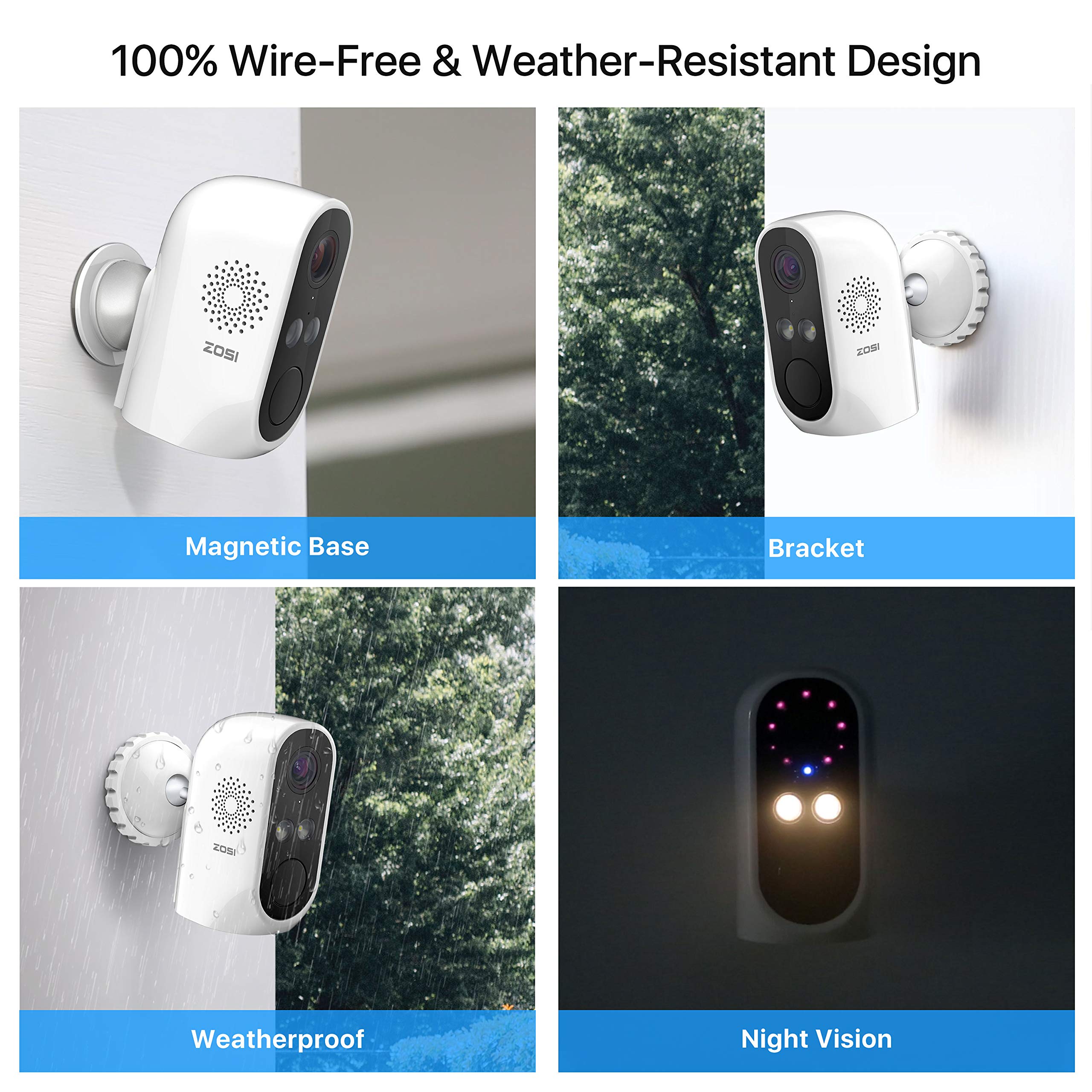 ZOSI C1 Wire Free Battery Security Camera, WiFi Rechargeable IP Cam