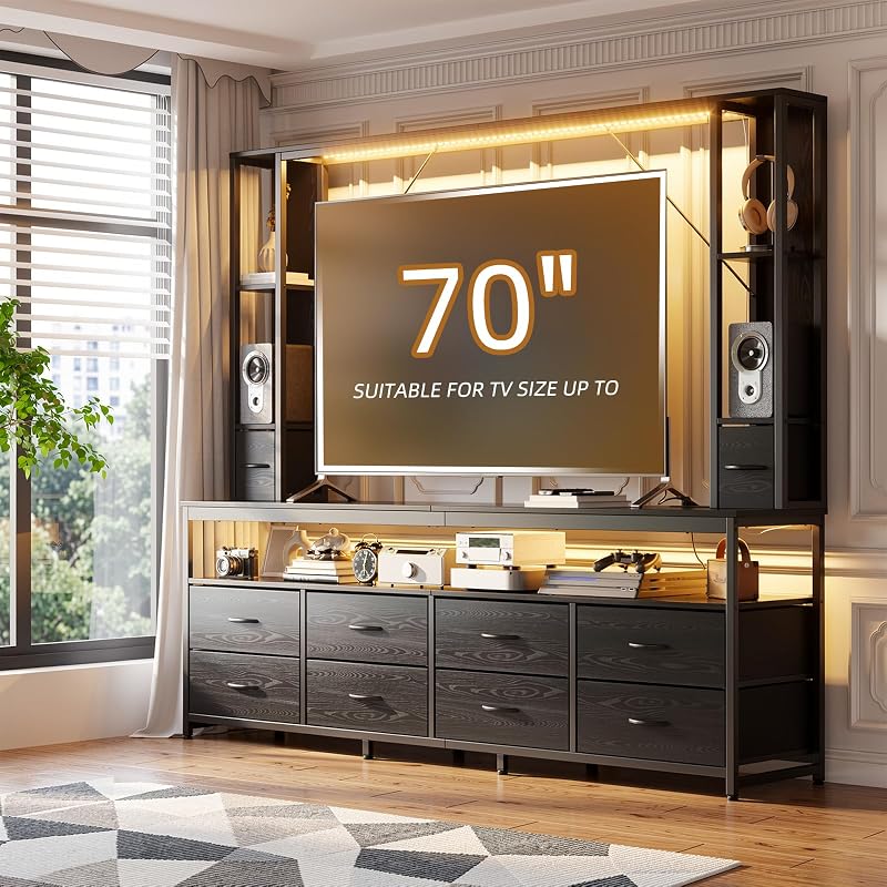 PAKASEPT Large Entertainment Center with Storage & Bookshelves,TV Stand with LED Lights & Power Outlet,Multifunctional Media Console with Drawers Fits Up to 70 Inch TV, Wall Unit for Living Room,Black