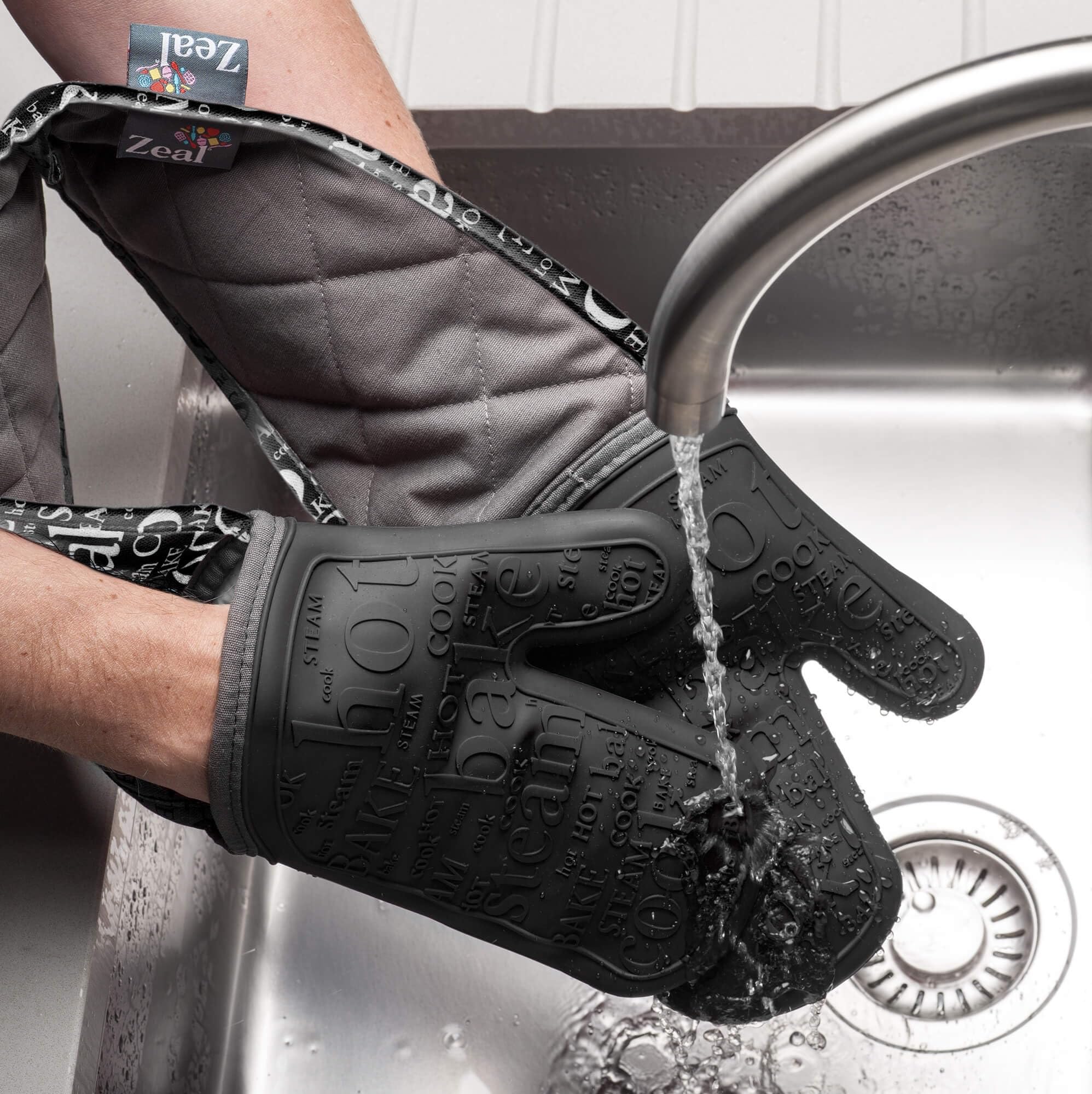 Zeal Doppelte Ofenhandschuhe aus Silikon, hitze-, dampf- und wasserbeständige Handschuhe mit gestepptem Stoff innen, rutschfester Griff, perfekt zum Kochen und Backen, maschinenwaschbar, schwarz