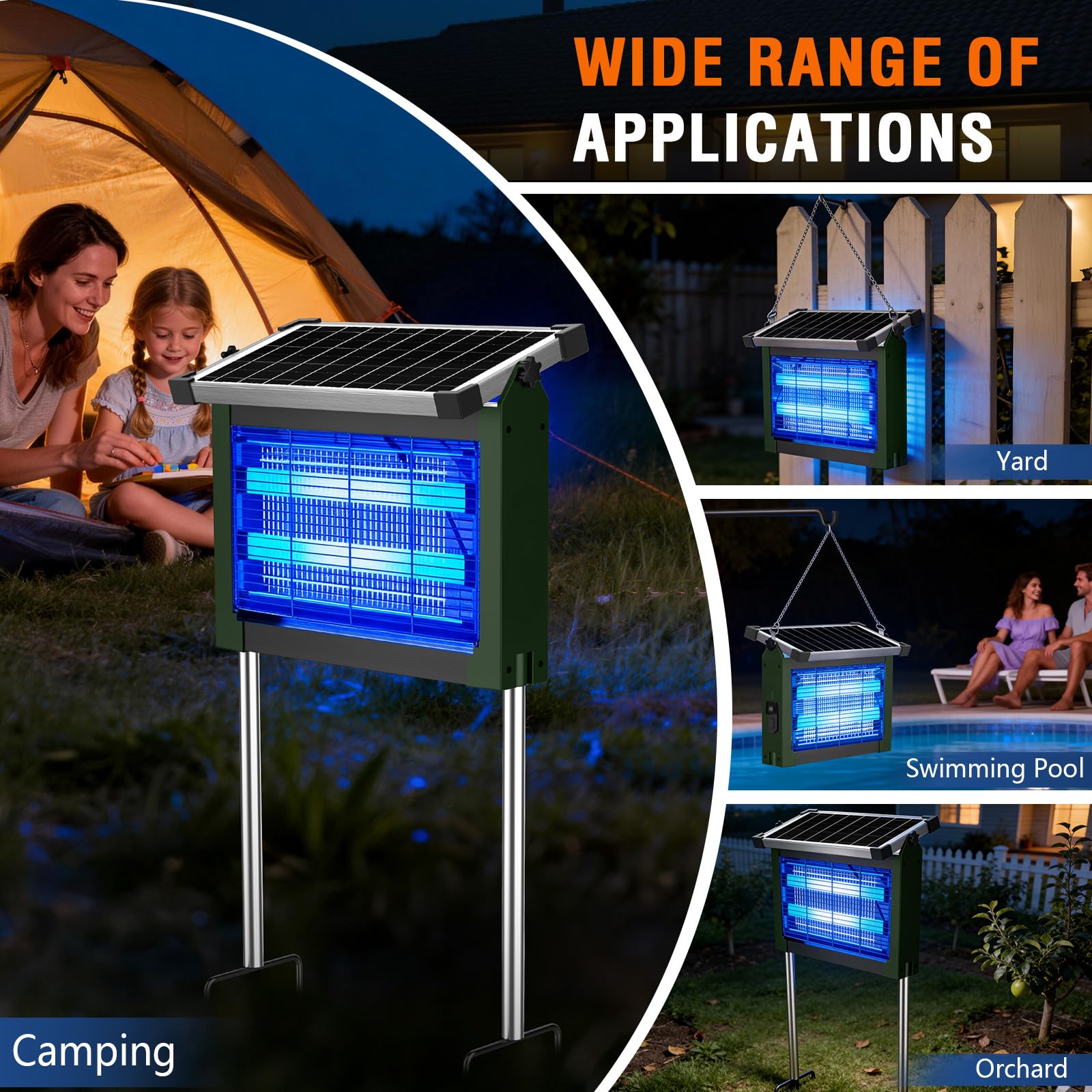 Solar Bug Zapper Outdoor, 4500V Wiederaufladbarer Wasserdichter Mückenvernichter mit Solarpanel Sensor, Elektrische Fliegenfalle, 3.0 m Kabel, Kabelloser Insektenvernichter für Terrasse Hof