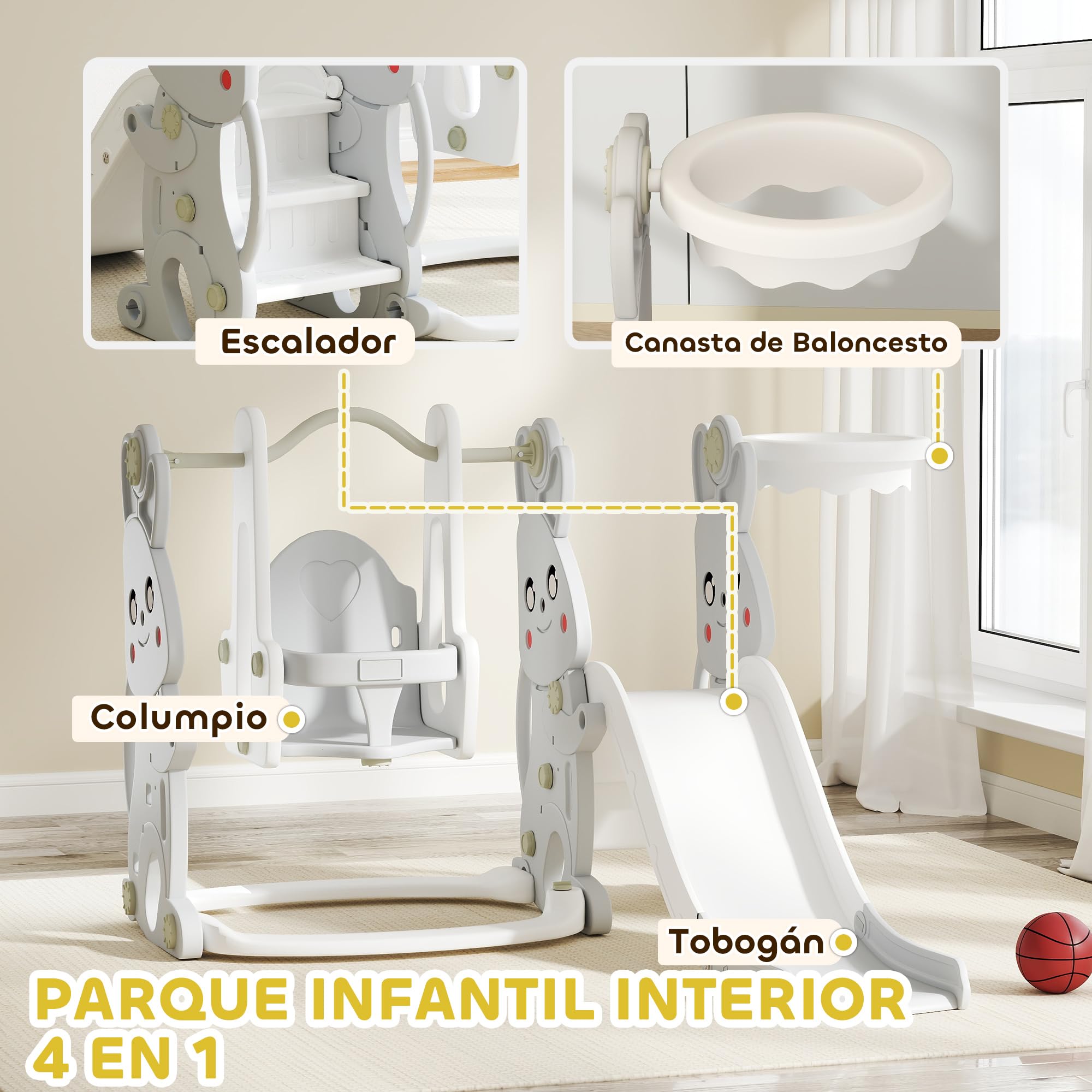 AIYAPLAY Tobogán Infantil 4 en 1 Columpio y Tobogán Trepador Aro de Baloncesto Temática de Conejo Parque Infantil para Interior y Exterior Gris y Blanco