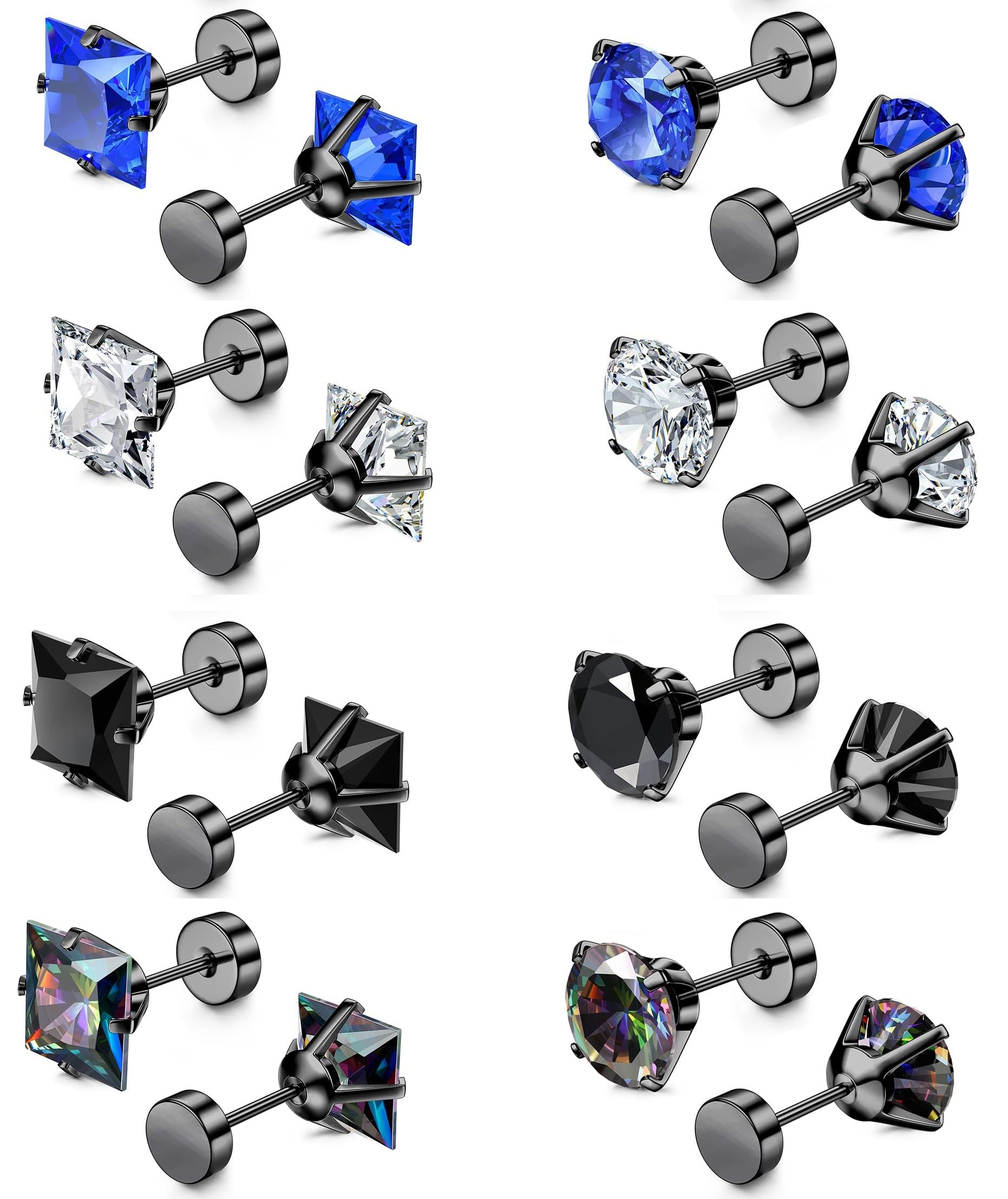 Adramata 8 Pares de Pendientes para Hombre, Acero Inoxidable Pendientes de Botón Negros Circonita Cúbicas Pendientes Oreja, Pendientes Cartílago Tragus para Hombre, Pendientes de Doble Cara
