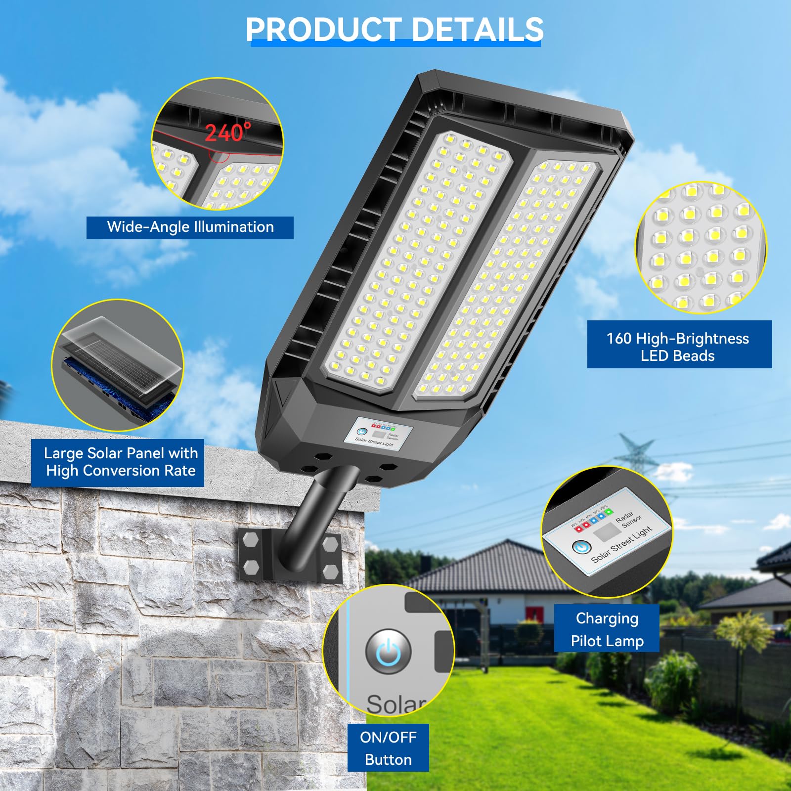 Adewalk 900W Lampione Solare Led Esterno con Telecomando, IP66 Impermeabile Lampada Stradale Solare con Sensore di Movimento, 6500K Super Bright Lampioni da Giardino Esterno Solari per Garage Strada