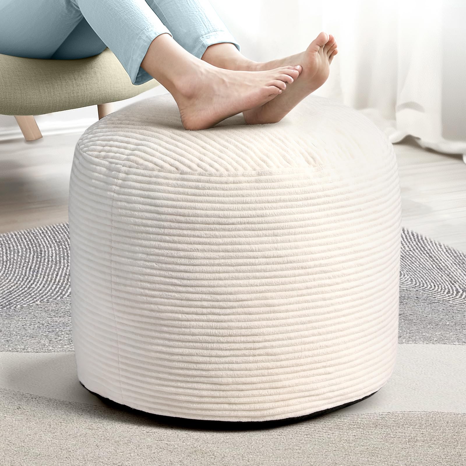 JDMSHCA Dual-Size Corduroy Ottoman with Hidden Zipper – Ergonomic Memory Foam Footrest Poufs for Office Desks, Couches & Delicate Floors Off-White 20"