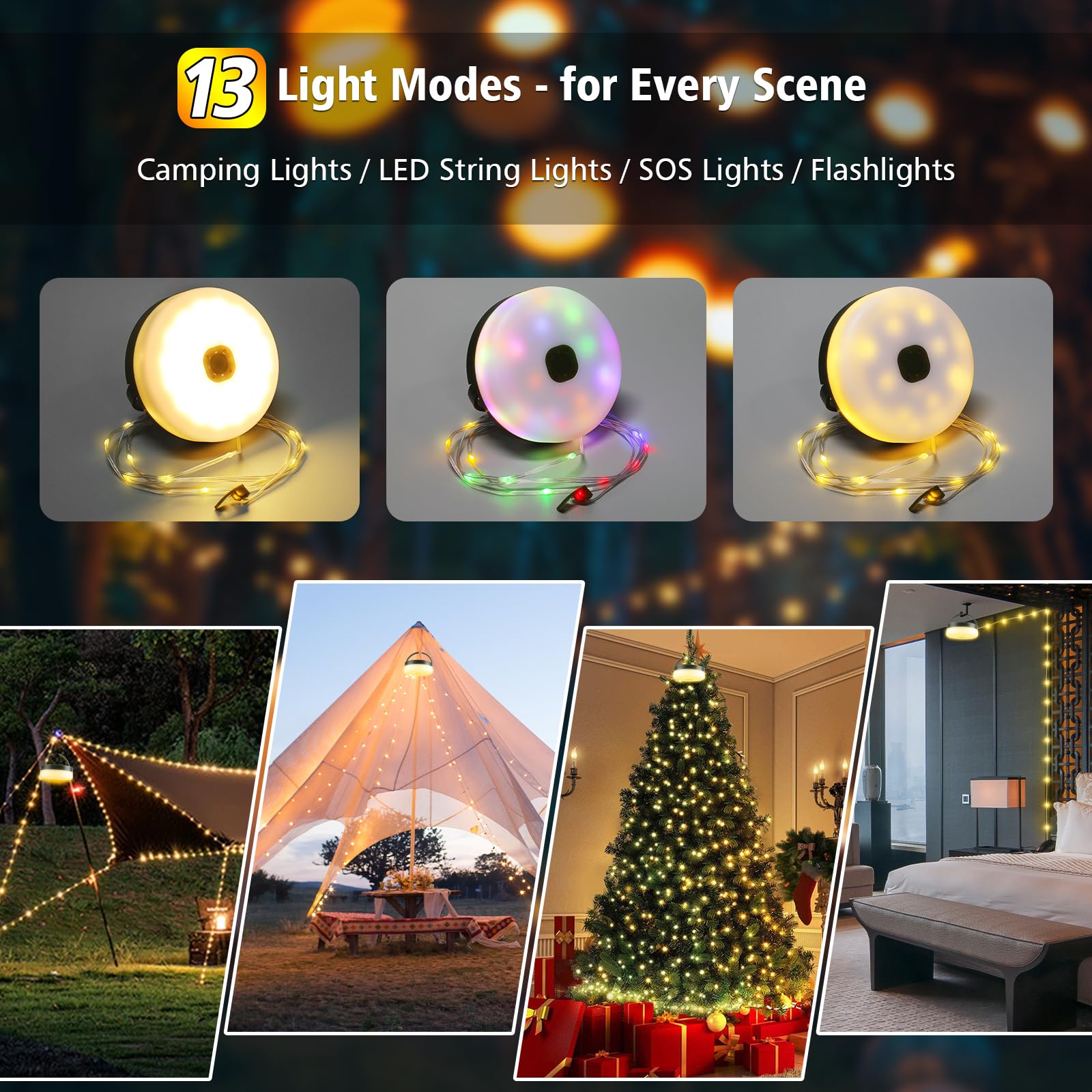 Solar Camping Lichterkette 150 LEDs, 33FT Outdoor Lichterkette mit 14 Beleuchtungsmodi & Timer, Wasserdicht & Wiederaufladbar, Campingausrüstung für Zelt, Hof, Garten, Wandern, Reisedekoration