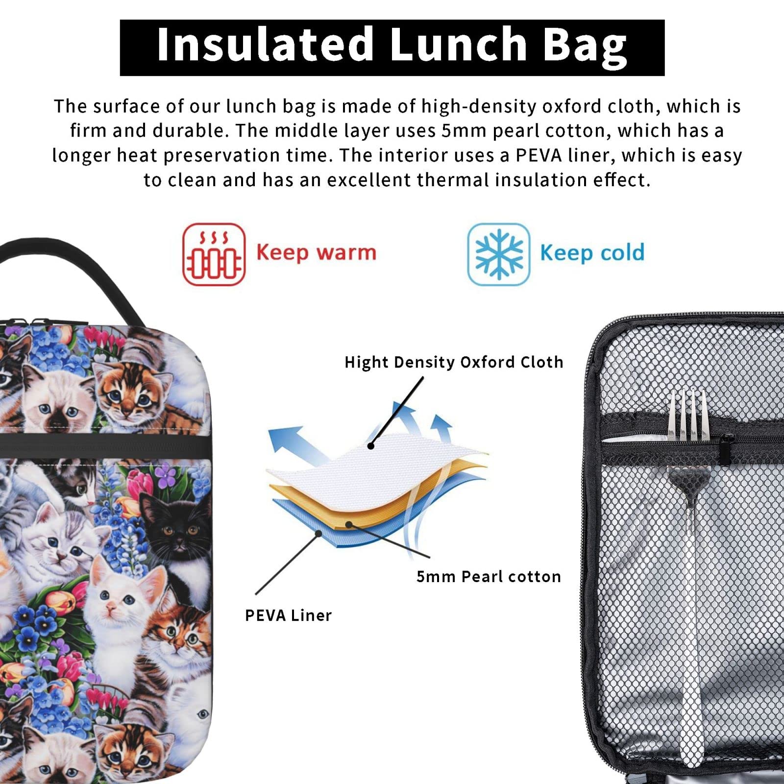 Sac à déjeuner avec motif chat mignon pour homme et femme, sac fourre-tout isotherme réutilisable, grande capacité pour le travail, sac à déjeuner isotherme étanche pour bureau, pique-nique, voyage Sac à déjeuner avec motif chat mignon pour homme et femme, sac fourre-tout isotherme réutilisable, grande capacité pour le travail, sac à déjeuner isotherme étanche pour bureau, pique-nique, voyage