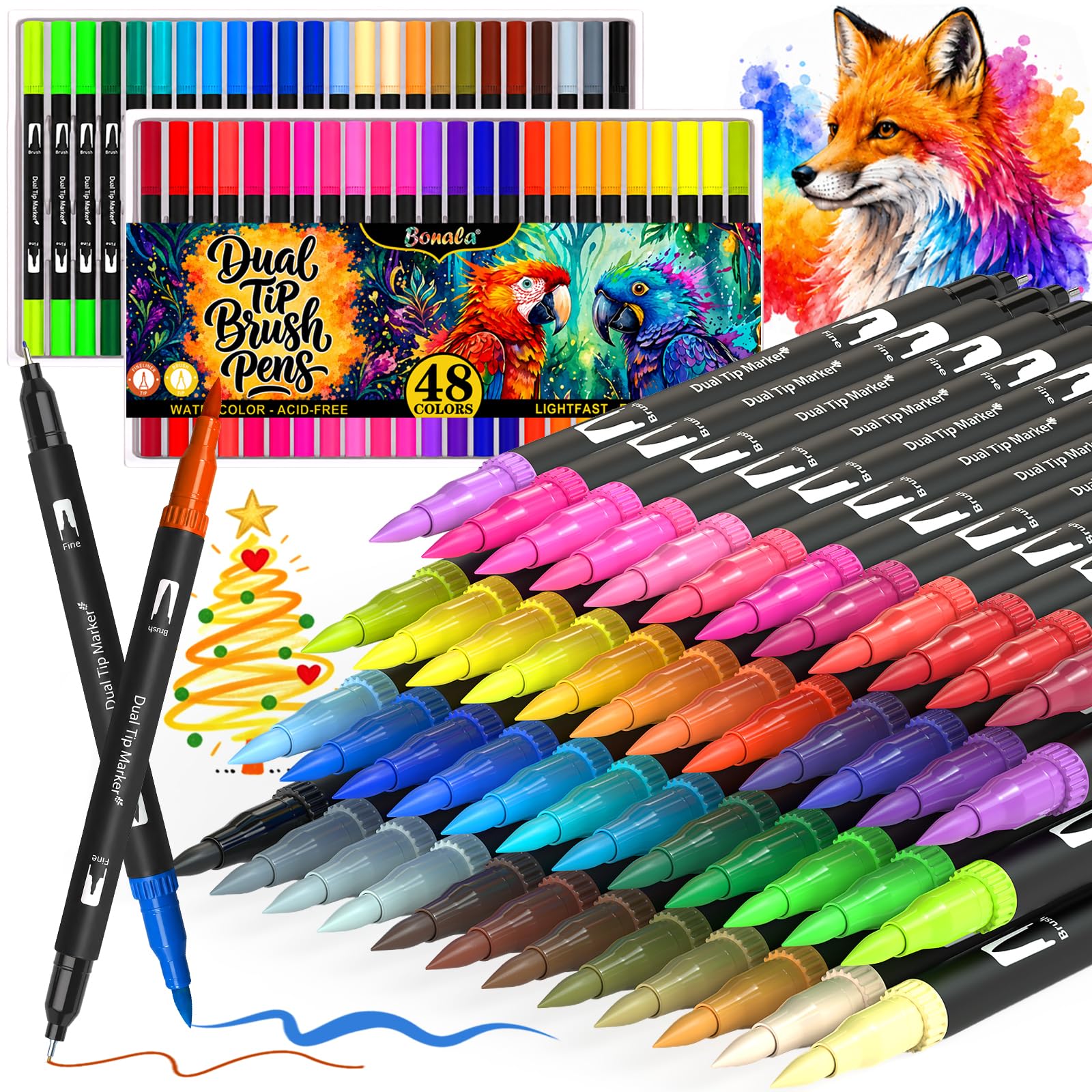 Bonala 48 Colours Dual Tip Colouring Pens, Fine & Brush Tip Coloured Pens for Adult Colouring Books, Fineliner Pens & Brush Pens with Case for Drawing, Sketching & Calligraphy