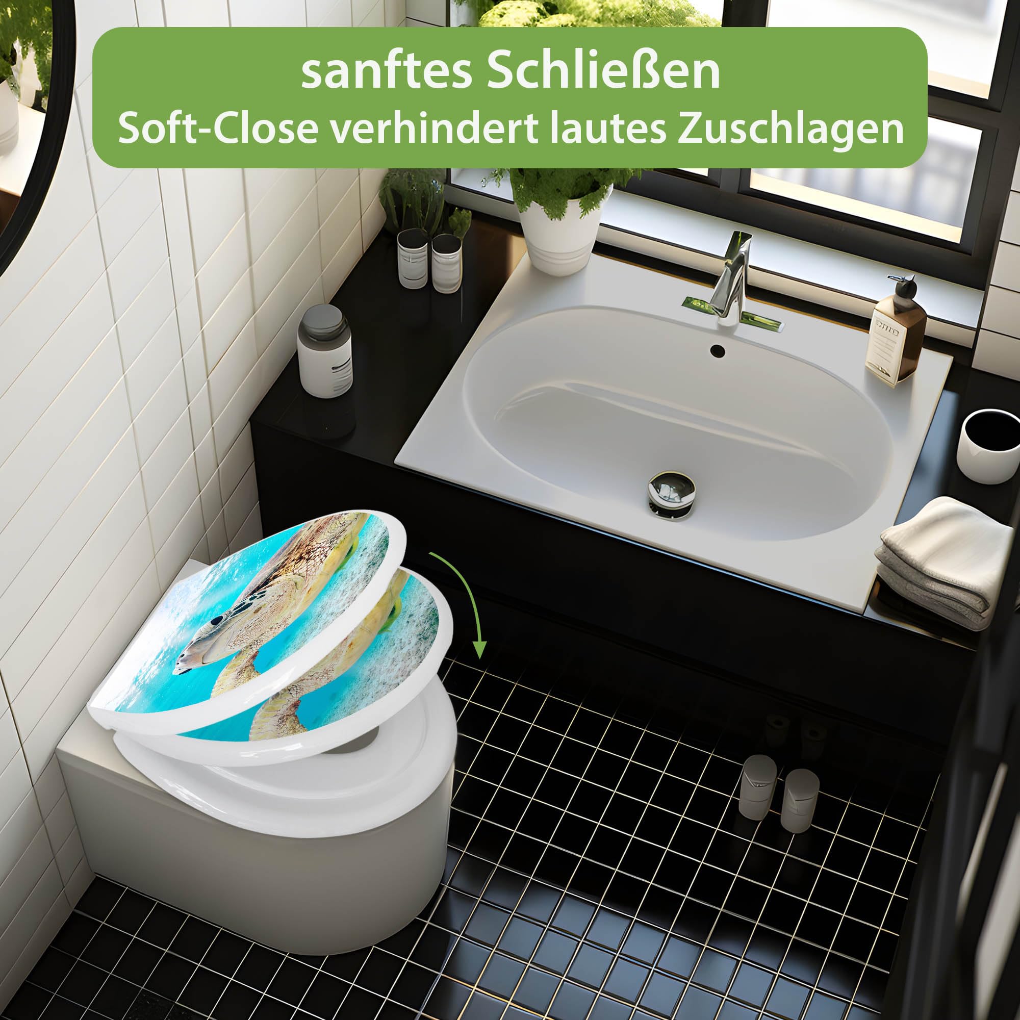 banjado Familien WC Sitz mit Absenkautomatik 44,9x37,1cm - Klobrille mit Kindersitz aus hochwertigem Polypropylen - Toilettendeckel mit Kinder Toilettensitz integriert - Motiv Schildkröte