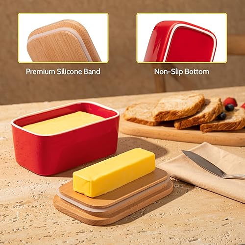 Miniatura 3 de Mantequera Sweese hermética, con capacidad para 2 varillas de mantequilla, recipiente de porcelana con tapa de madera de haya
