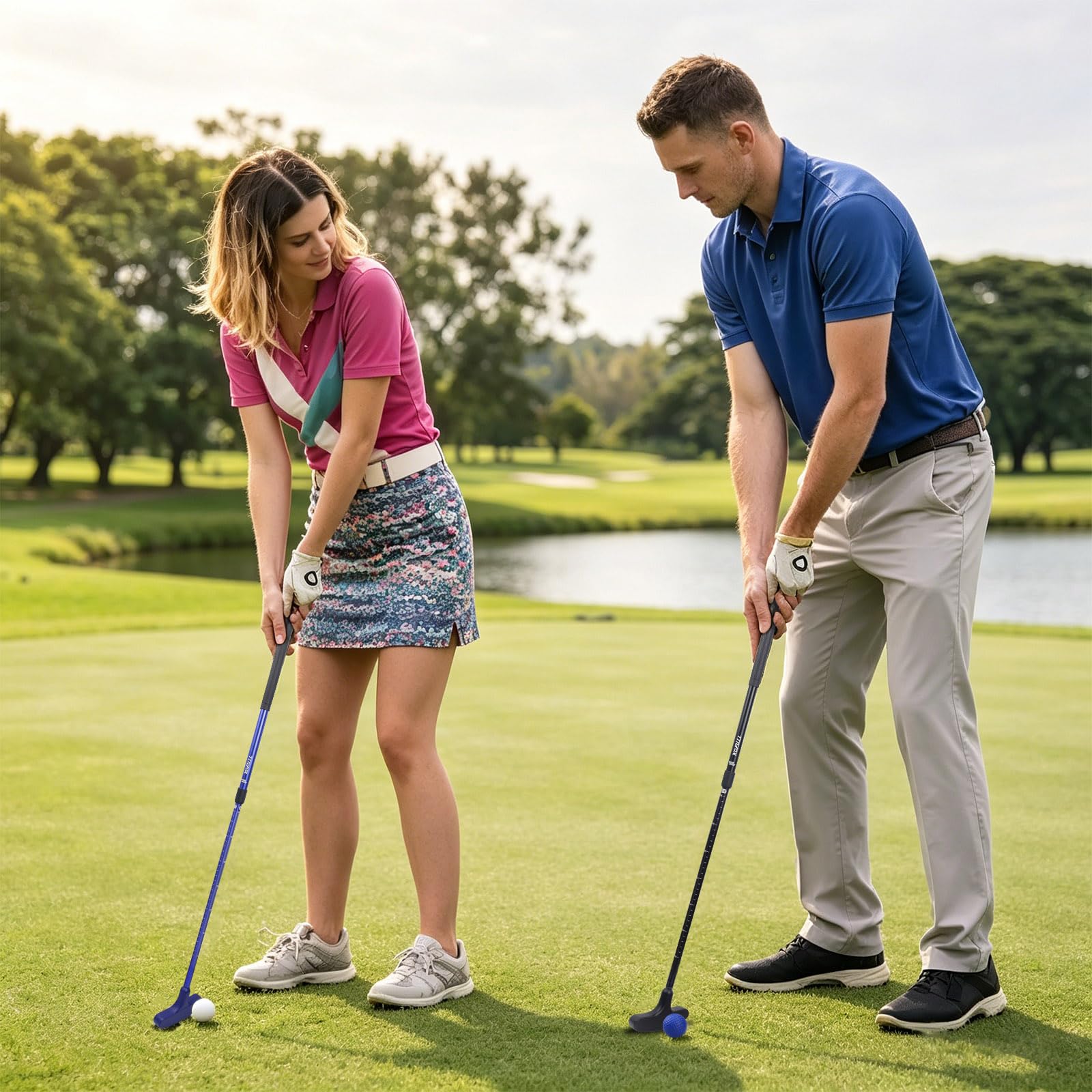 KOFULL Lot de 2 putters de Golf réglables, Bleu et Noir, Tige Extensible de 53,3 à 91,4 cm pour Tous Les âges, avec 2 balles de Golf d'entraînement