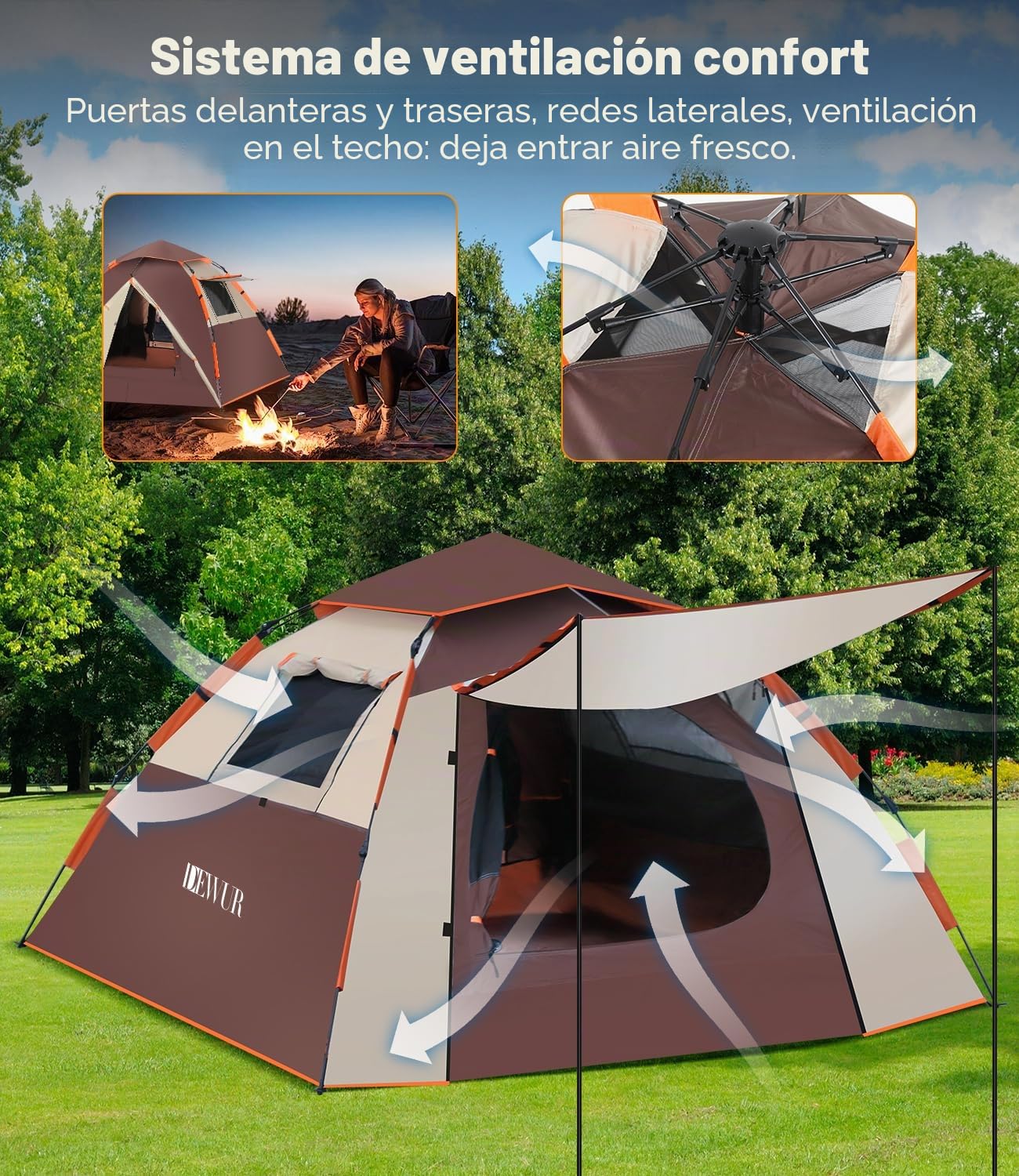 Dewur Tienda de campaña para 4 personas, impermeable, resistente al viento, con 2 puertas de malla, ventana 2 en 1, doble capa, bolsa de transporte para camping, senderismo